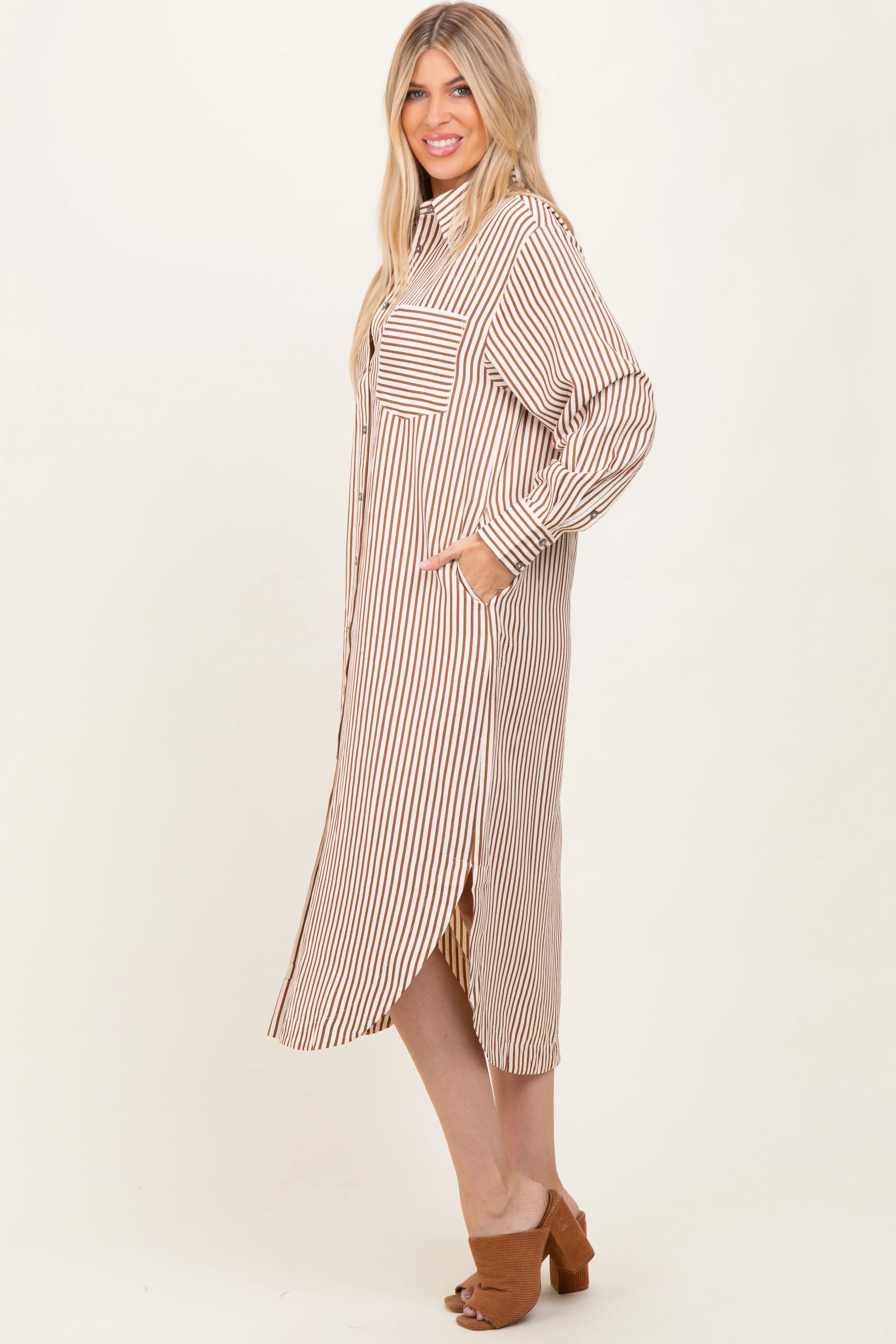Camel Textured Stripe Button Down Shirt Dress sold by Pinkblush product image thumbnail 3