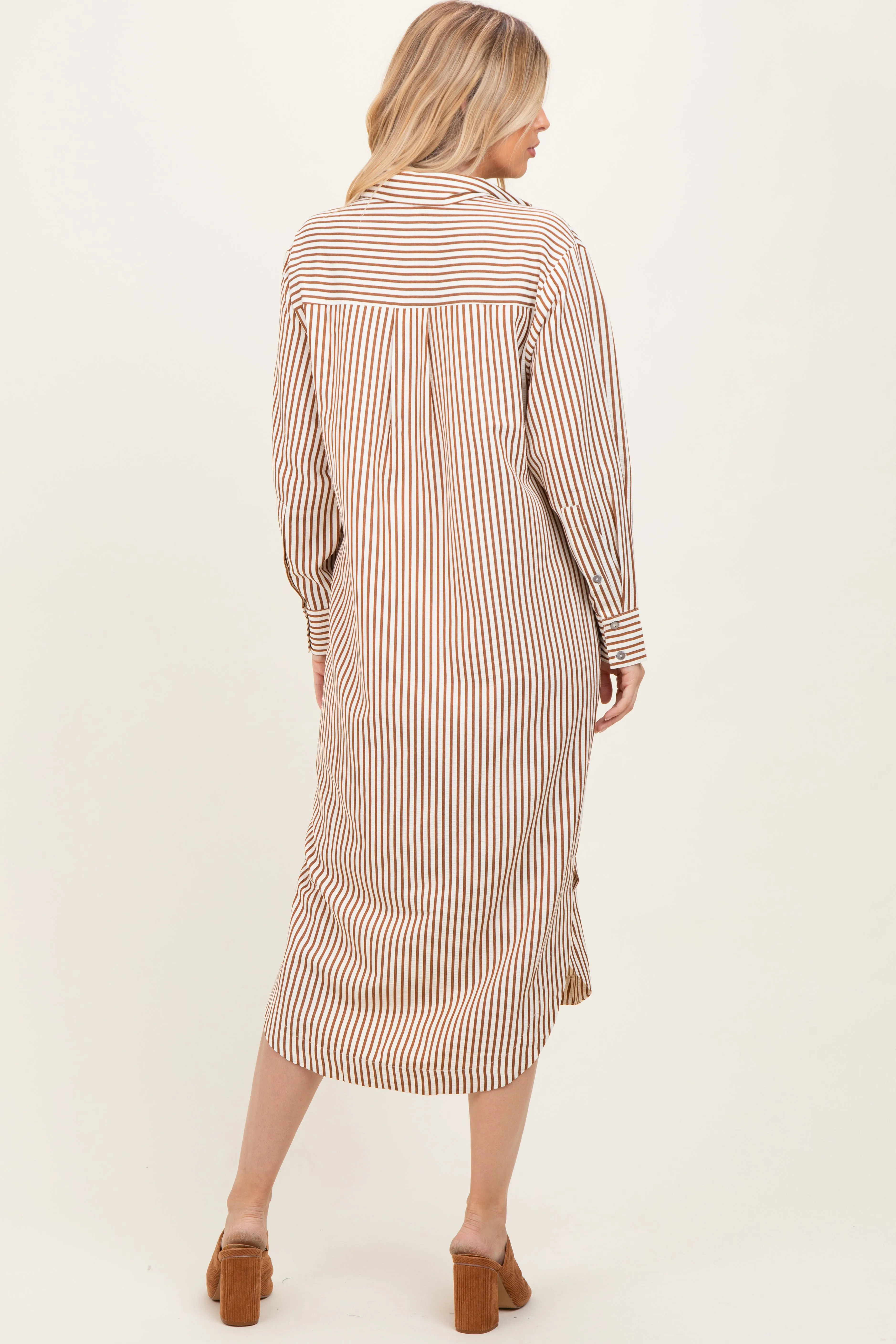 Camel Textured Stripe Button Down Shirt Dress sold by Pinkblush product image thumbnail 4