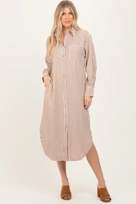 Camel Textured Stripe Button Down Shirt Dress sold by Pinkblush