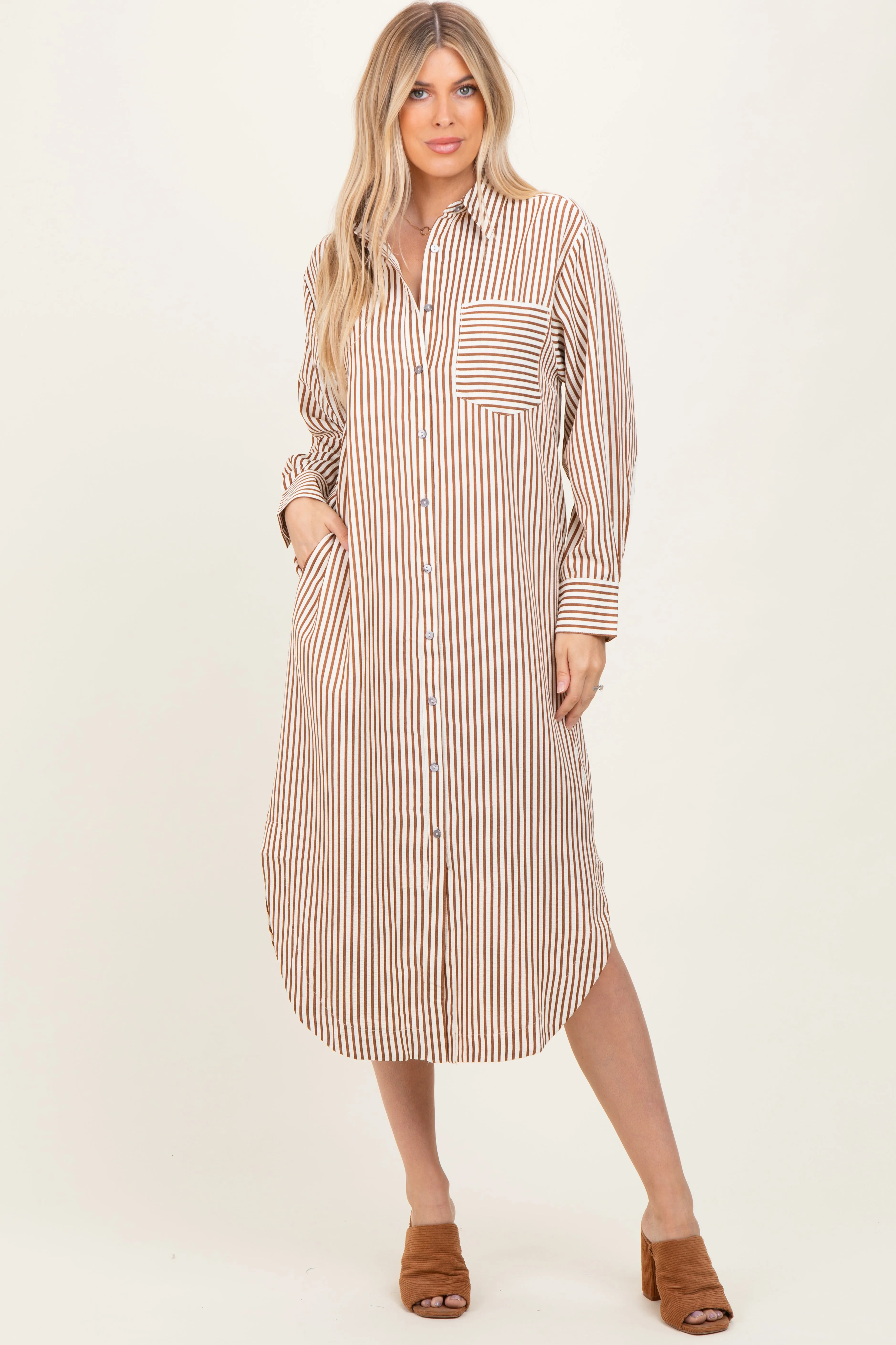 Camel Textured Stripe Button Down Shirt Dress sold by Pinkblush