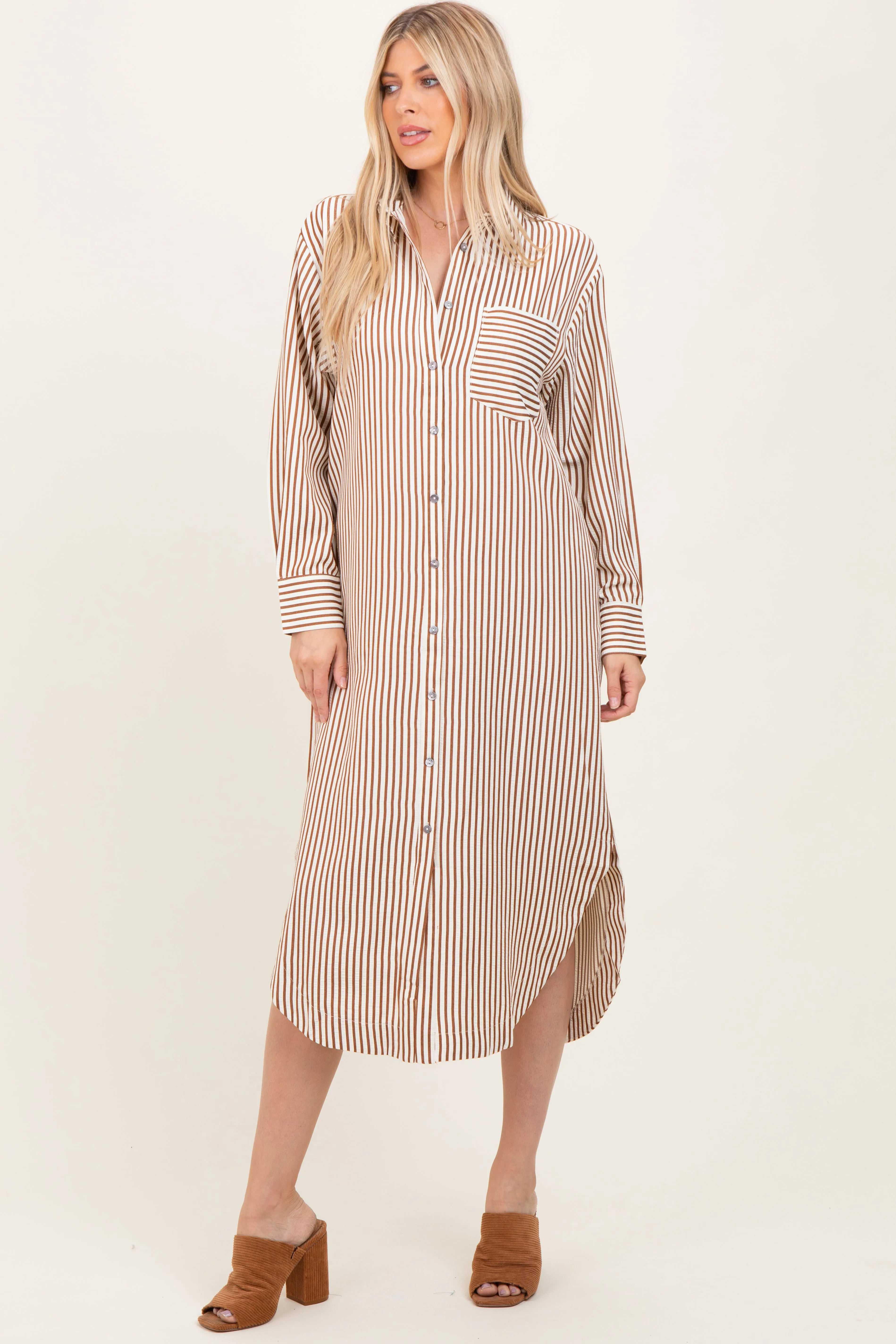 Camel Textured Stripe Button Down Shirt Dress sold by Pinkblush product image thumbnail 2