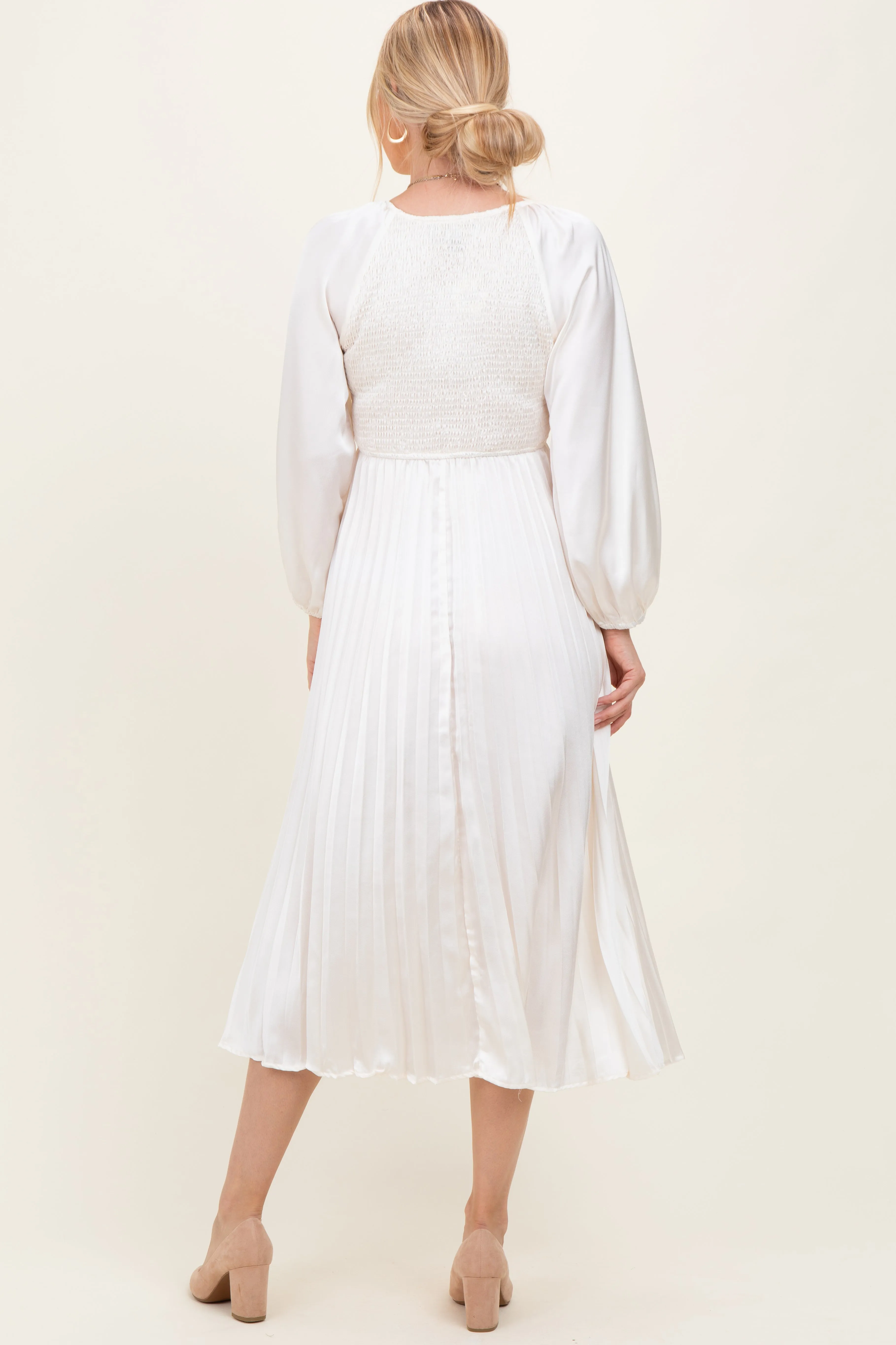 Cream Satin Smocked Pleated Midi Dress sold by Pinkblush product image thumbnail 3