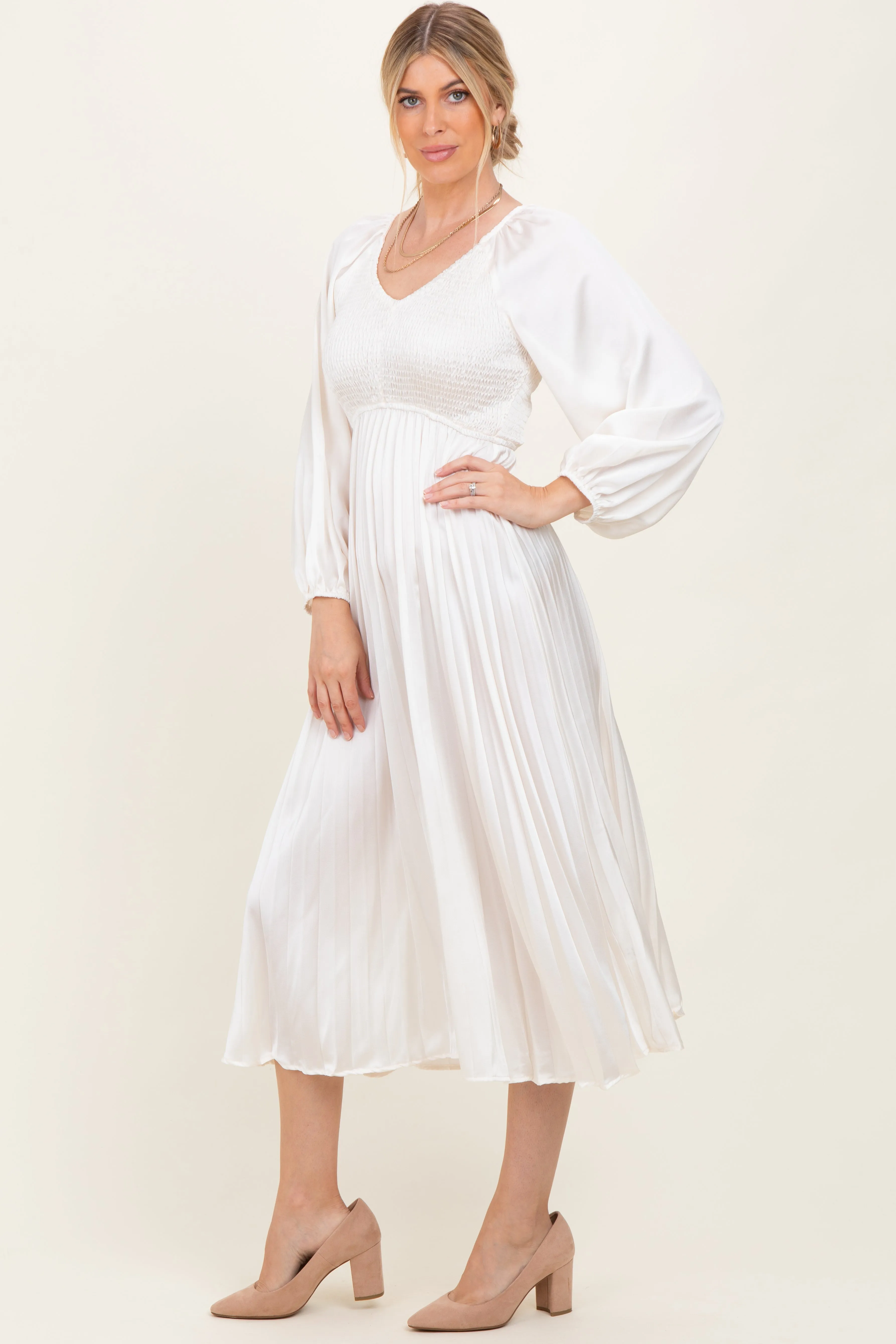 Cream Satin Smocked Pleated Midi Dress sold by Pinkblush product image thumbnail 2