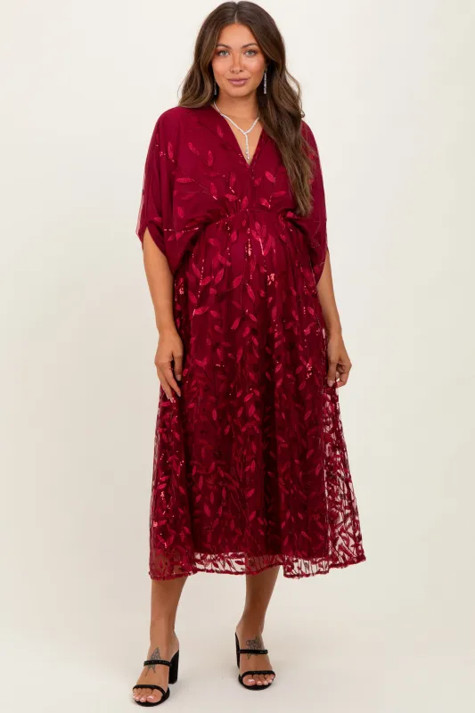Burgundy Embroidered Tulle Dolman V-Neck Maternity Midi Dress sold by Pinkblush
