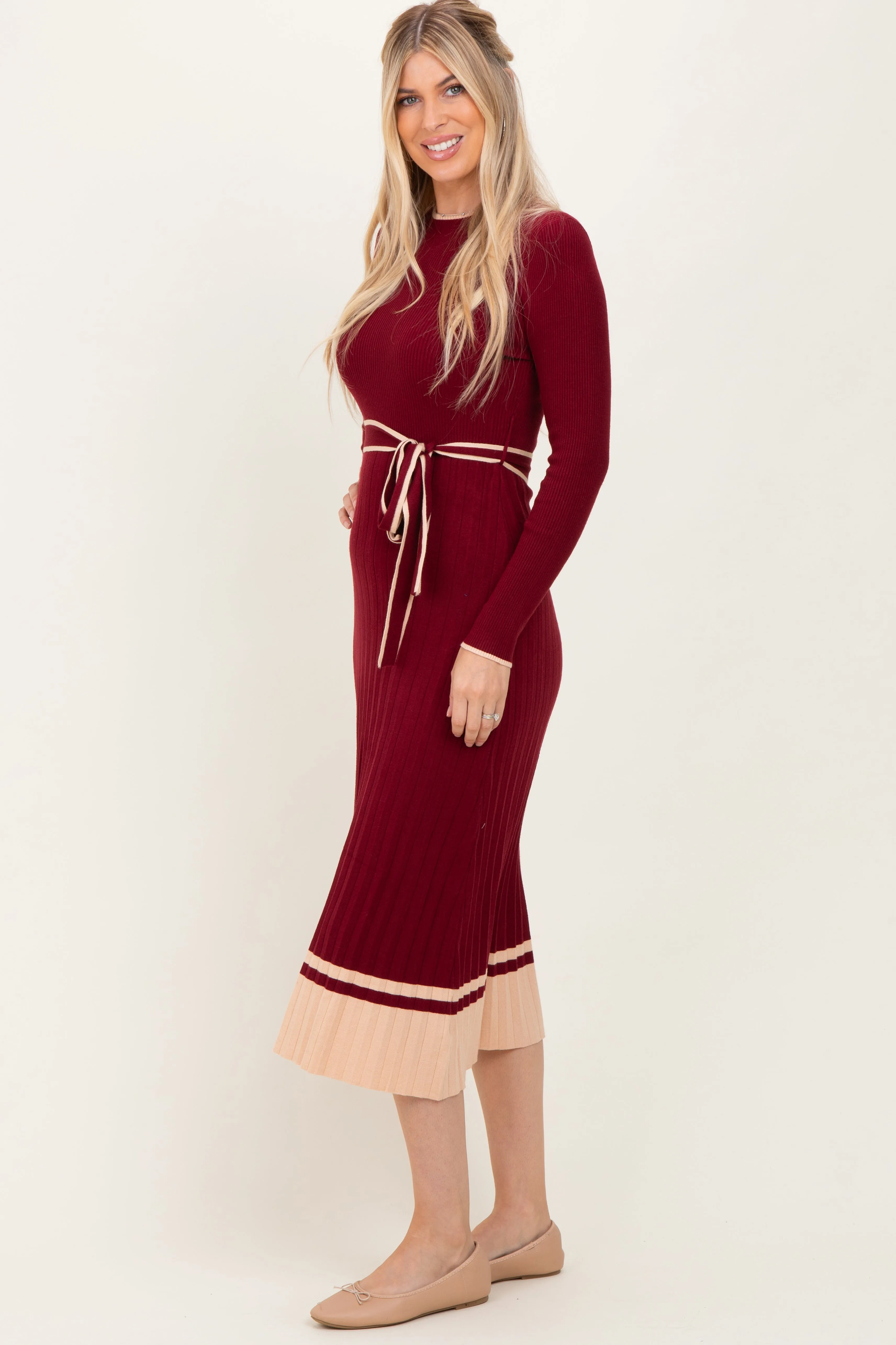 Burgundy Elegant Ribbed Midi Sweater Dress With Belt sold by Pinkblush product image thumbnail 2