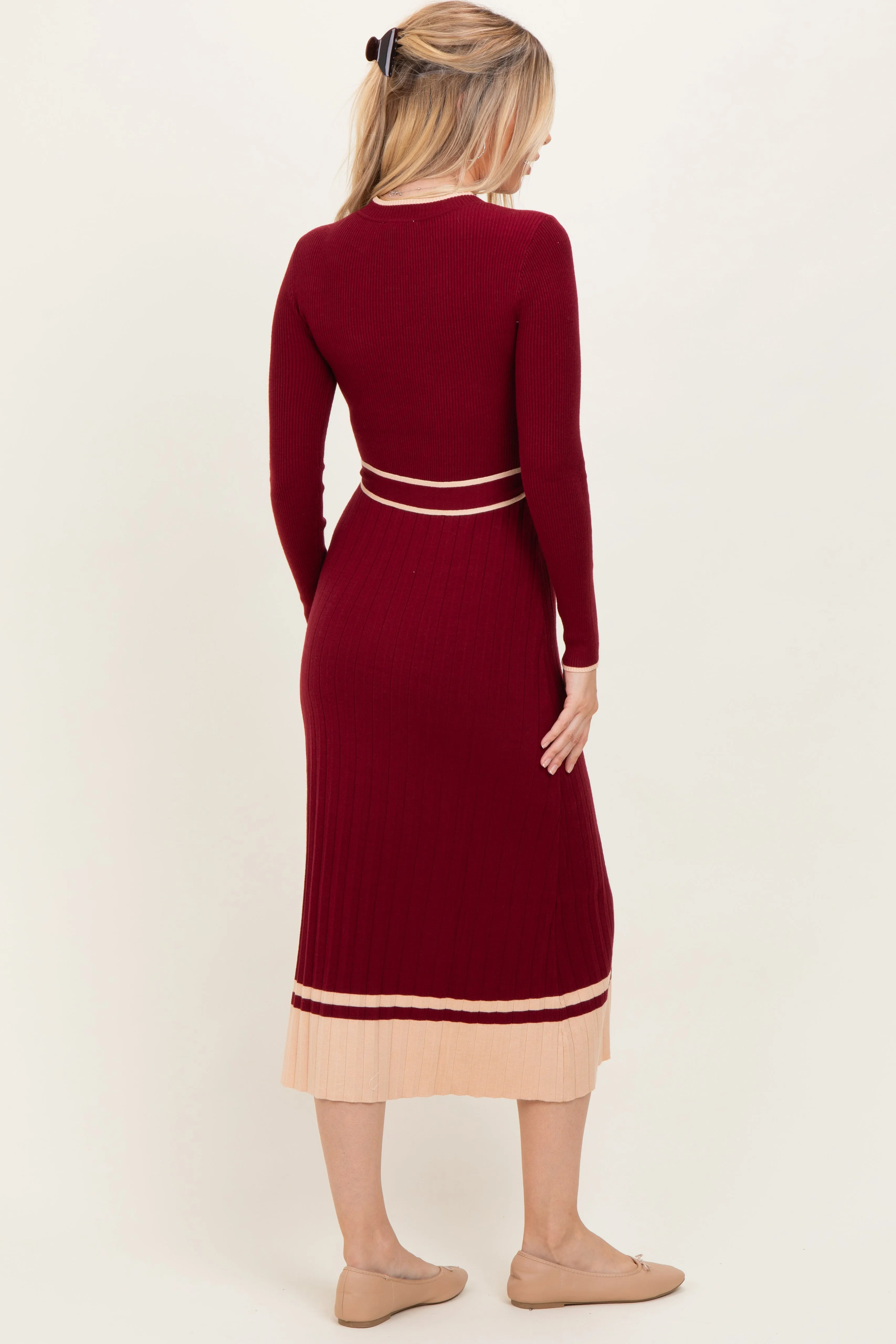 Burgundy Elegant Ribbed Midi Sweater Dress With Belt sold by Pinkblush product image thumbnail 3