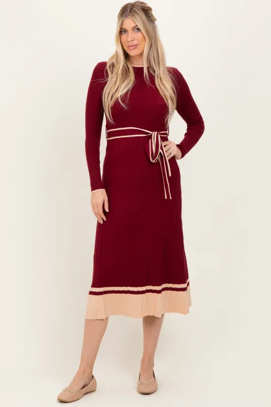 Burgundy Elegant Ribbed Midi Sweater Dress With Belt sold by Pinkblush