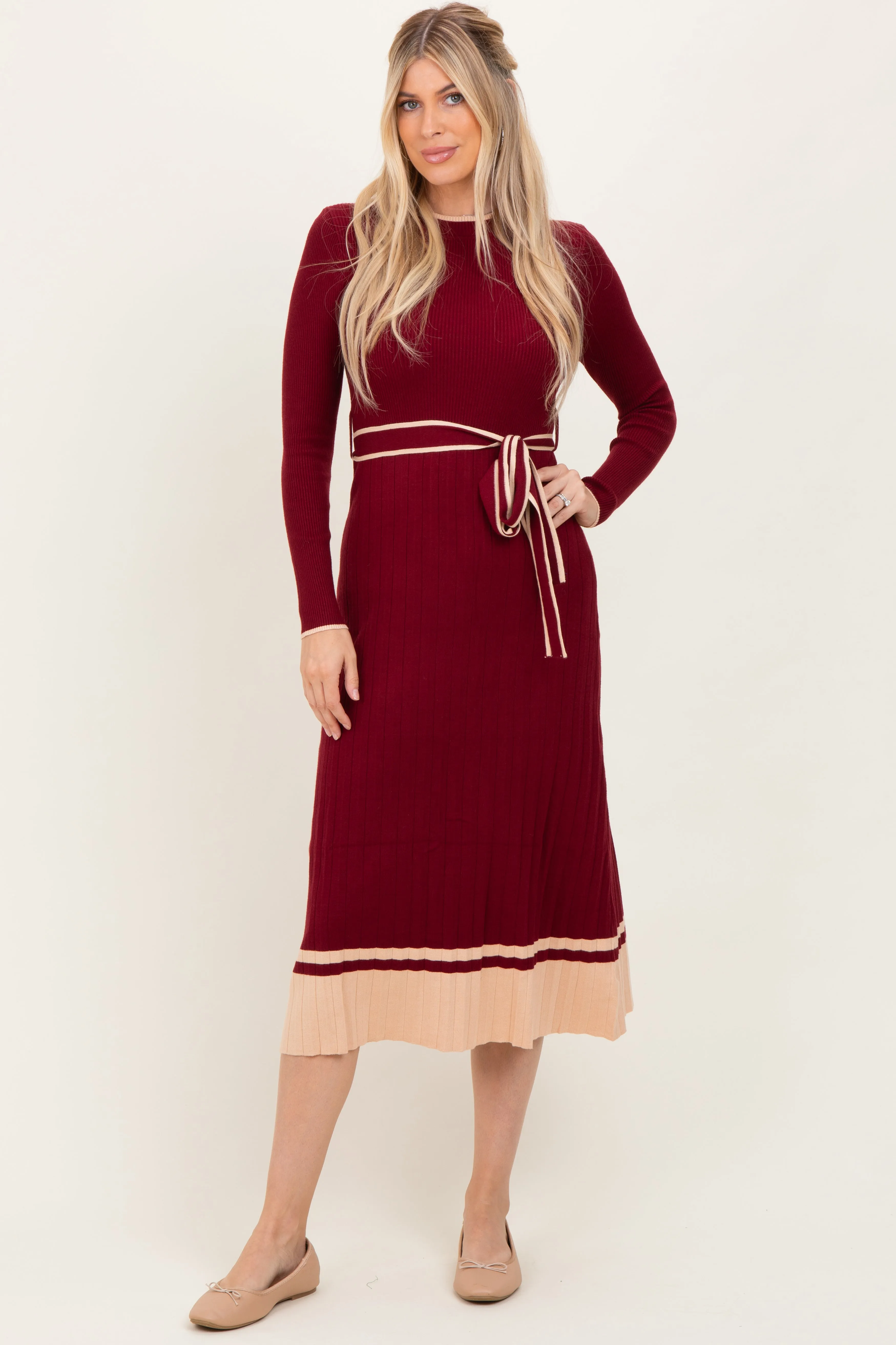 Burgundy Elegant Ribbed Midi Sweater Dress With Belt sold by Pinkblush