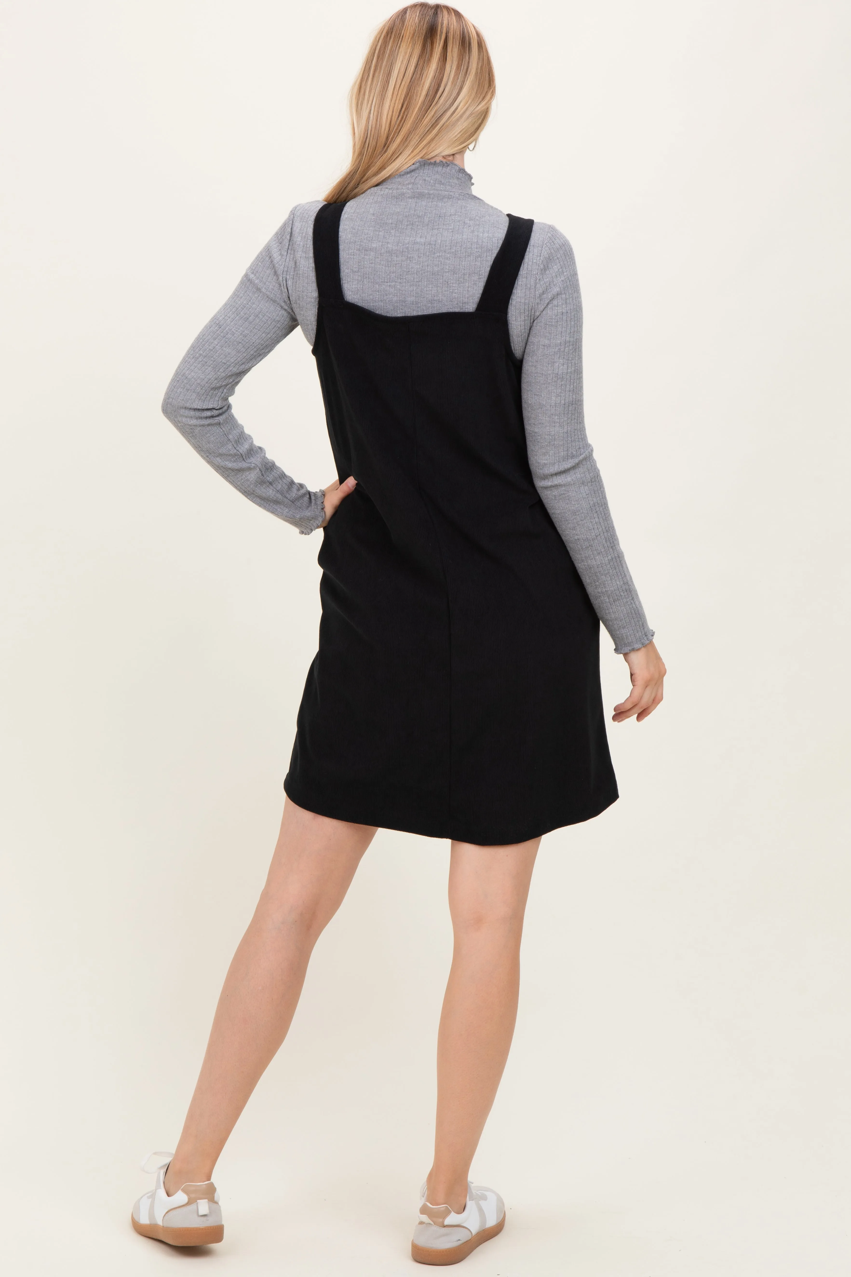 Black Solid Corduroy V-Neck A-Line Mini Dress sold by Pinkblush product image thumbnail 4