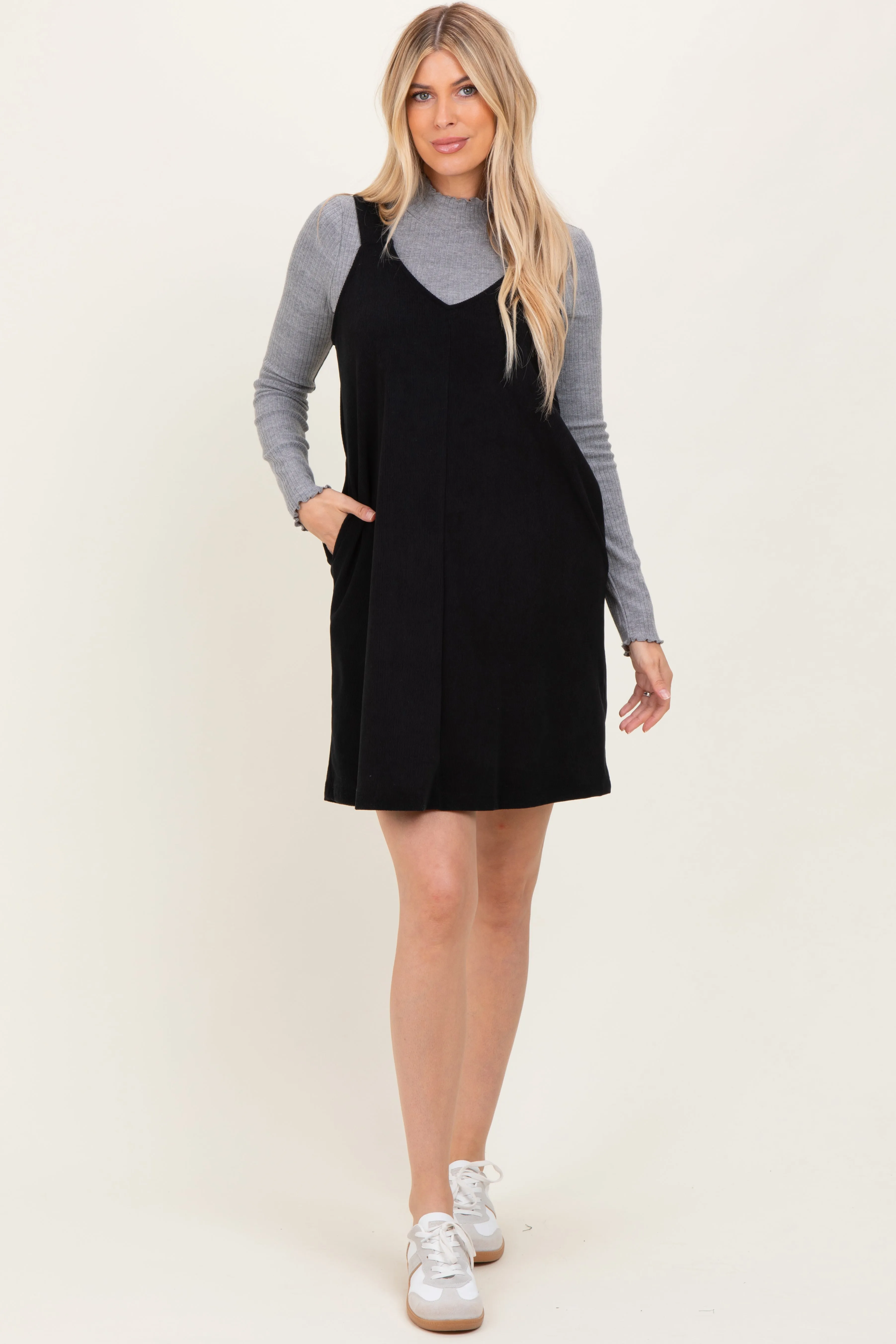 Black Solid Corduroy V-Neck A-Line Mini Dress sold by Pinkblush product image thumbnail 2