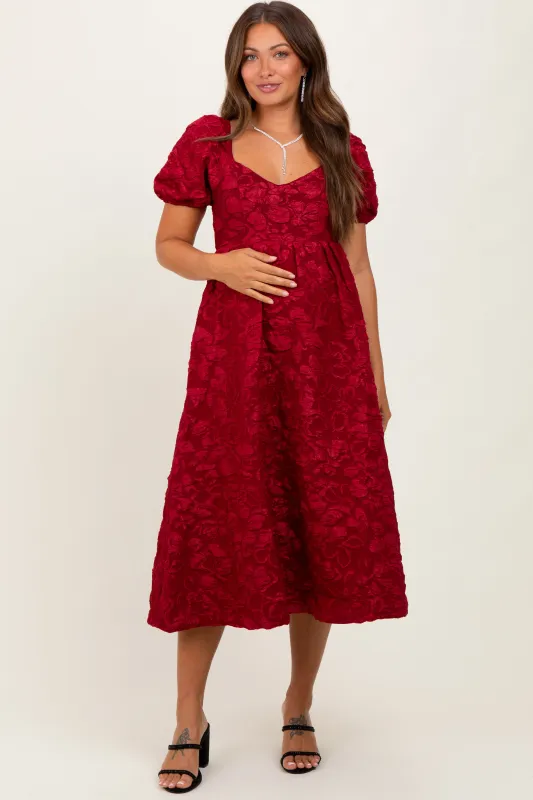 Red Floral Jacquard Puff Sleeve Maternity Midi Dress sold by Pinkblush