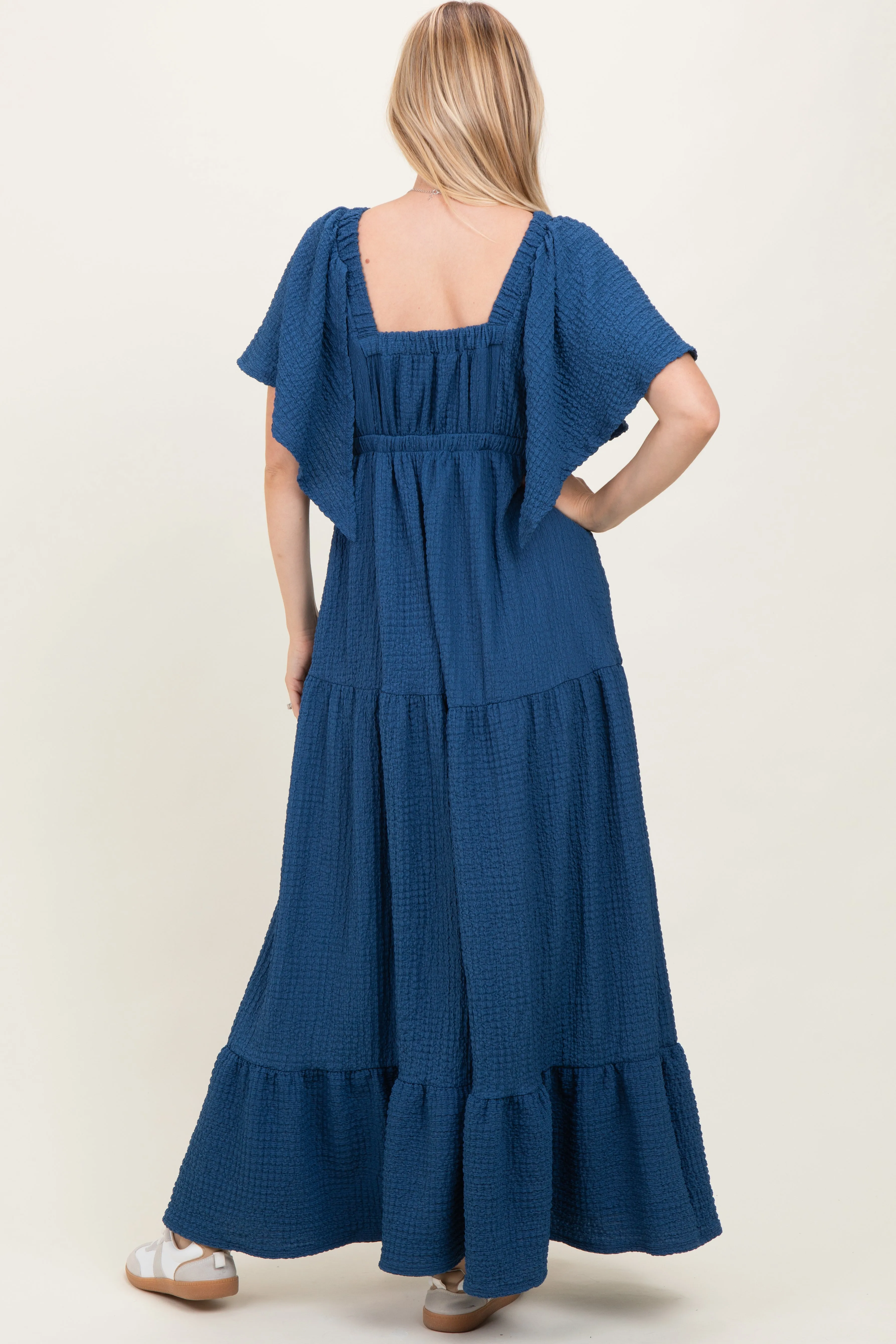 Royal Blue Textured Flutter Sleeve V-Neck Tiered Maxi Dress sold by Pinkblush product image thumbnail 4