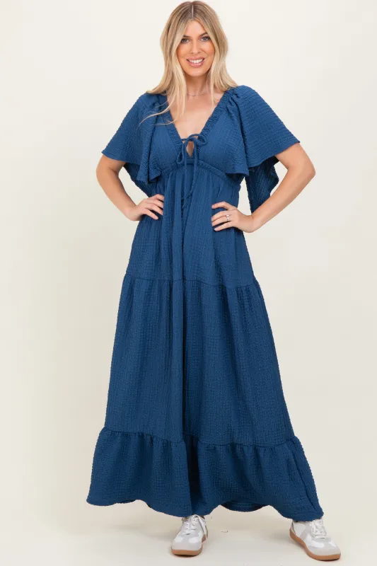 Royal Blue Textured Flutter Sleeve V-Neck Tiered Maxi Dress sold by Pinkblush