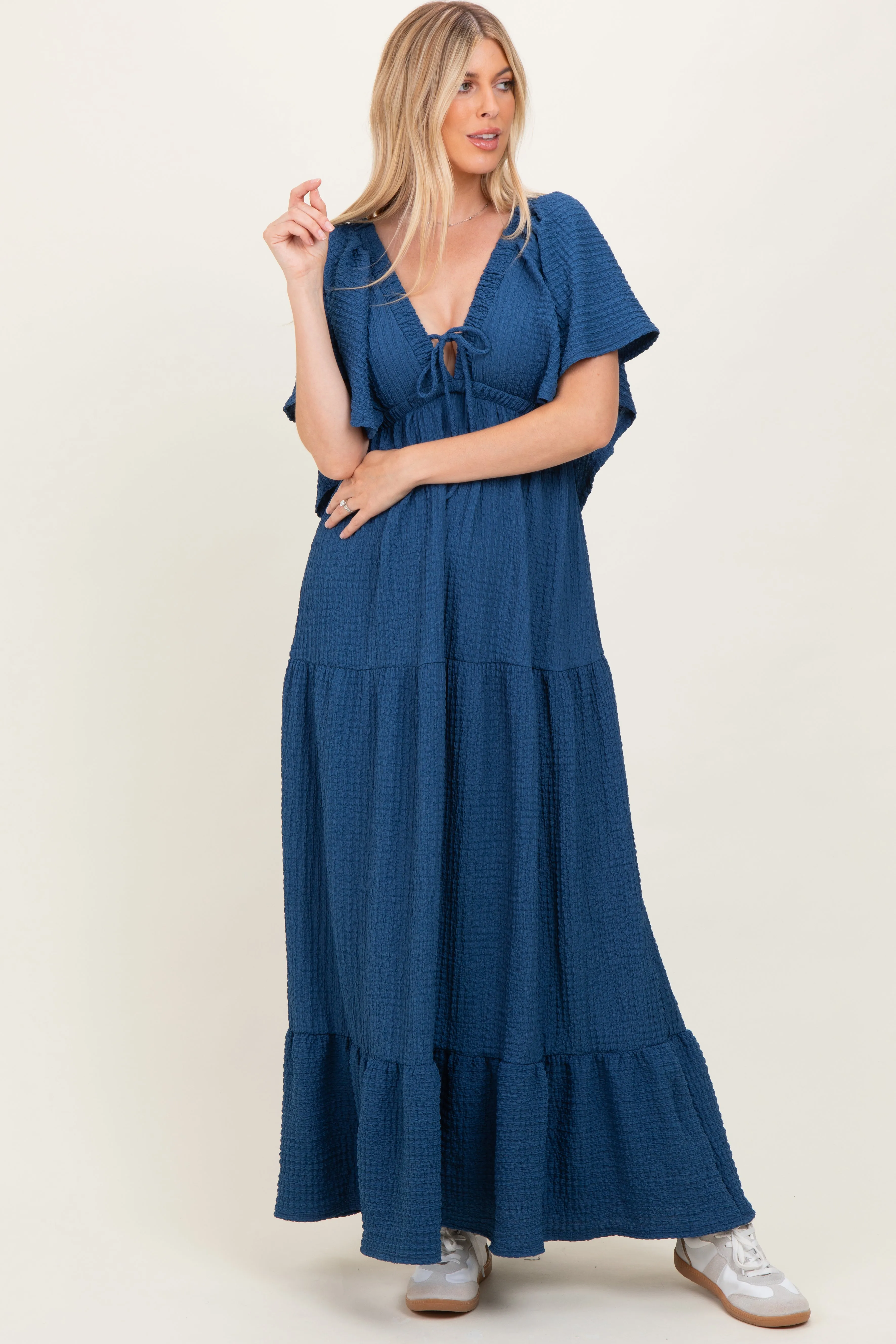 Royal Blue Textured Flutter Sleeve V-Neck Tiered Maxi Dress sold by Pinkblush product image thumbnail 2