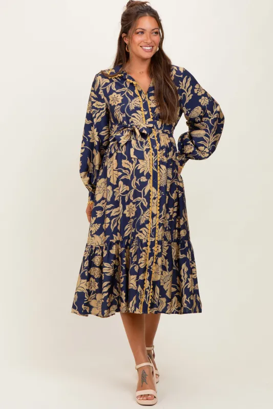 Navy Floral Button Down Bubble Sleeve Maternity Shirt Dress sold by Pinkblush
