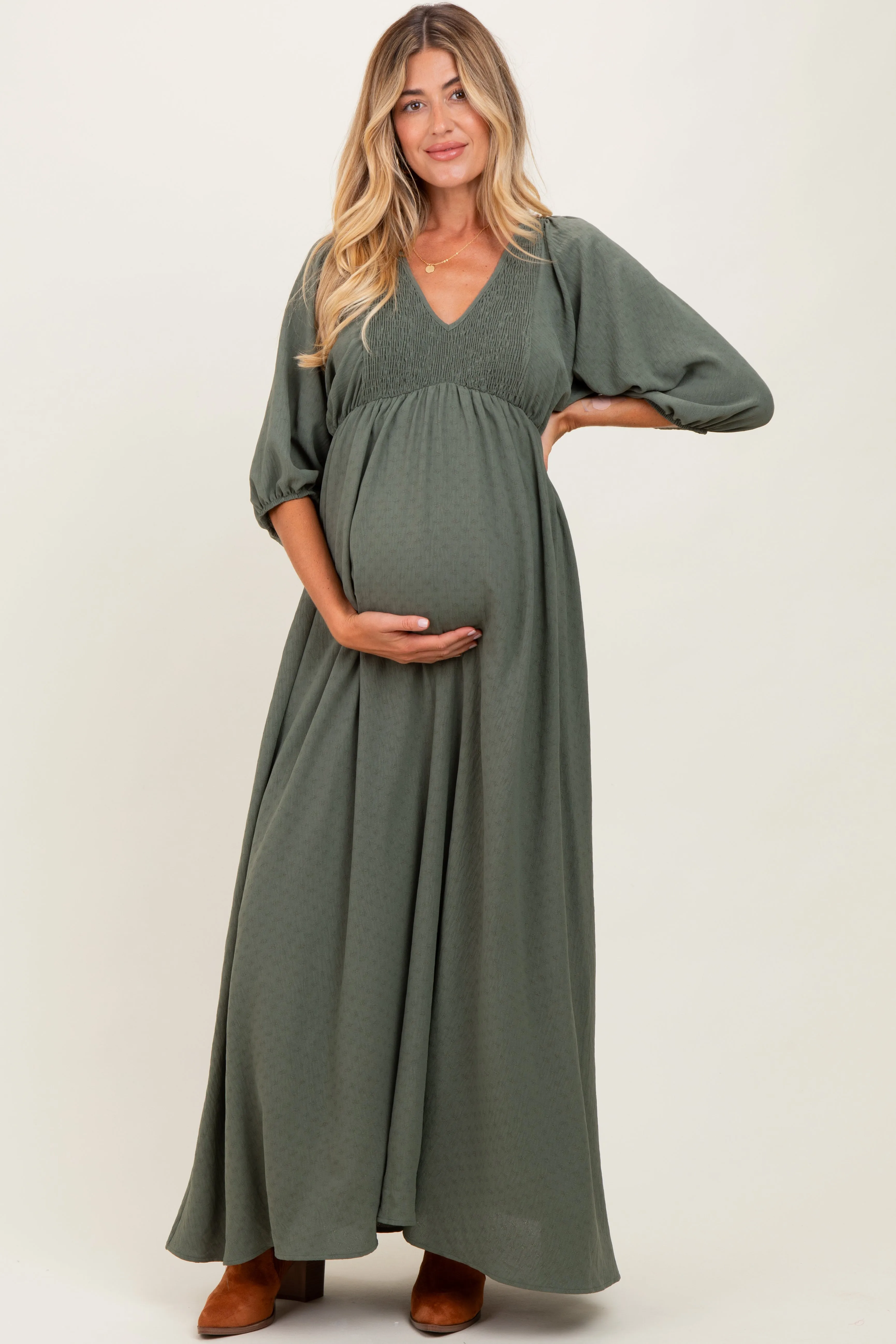 Olive Solid 3/4 Sleeve Smocked Top V-Neck Maternity Maxi Dress sold by Pinkblush product image thumbnail 2