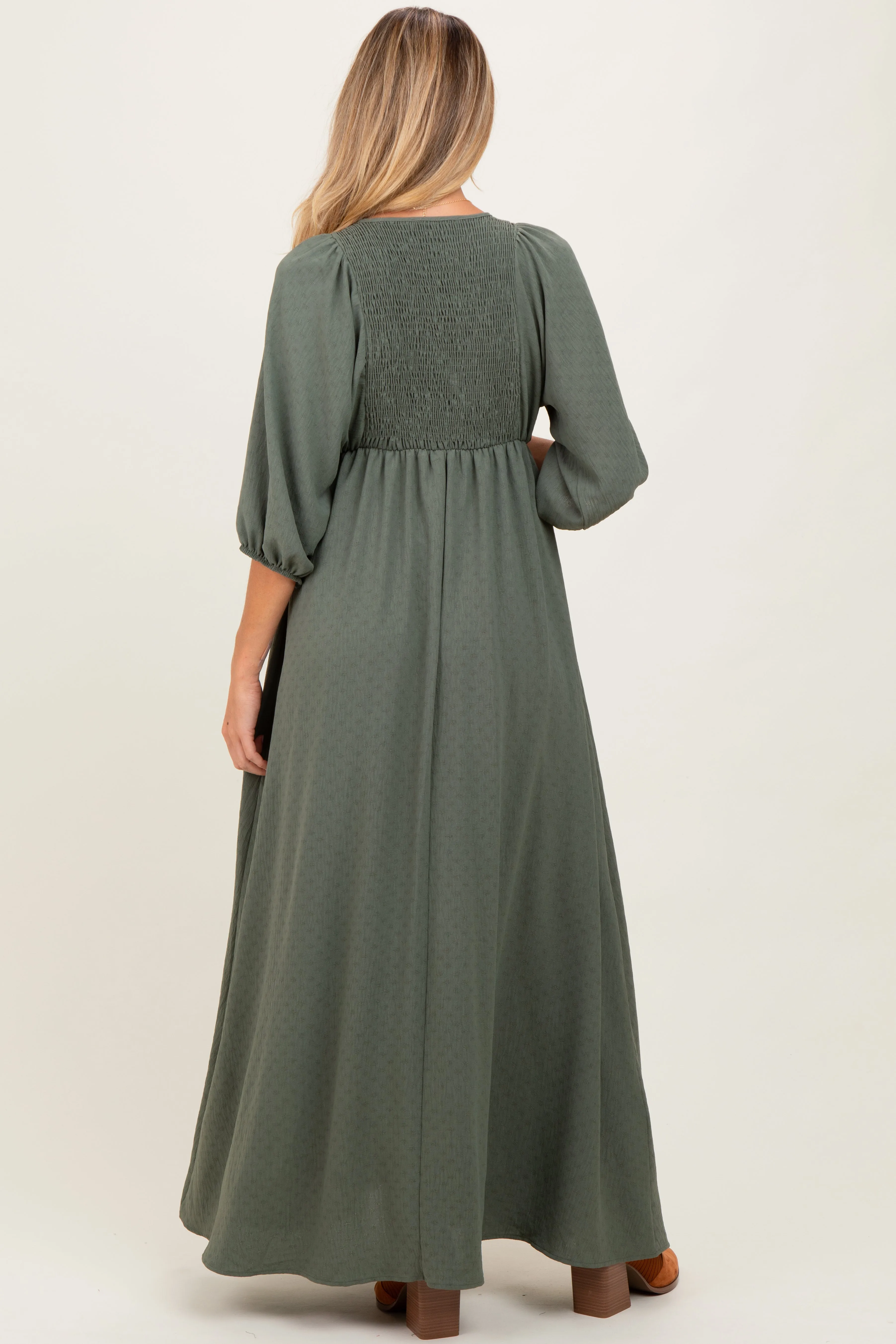 Olive Solid 3/4 Sleeve Smocked Top V-Neck Maternity Maxi Dress sold by Pinkblush product image thumbnail 3