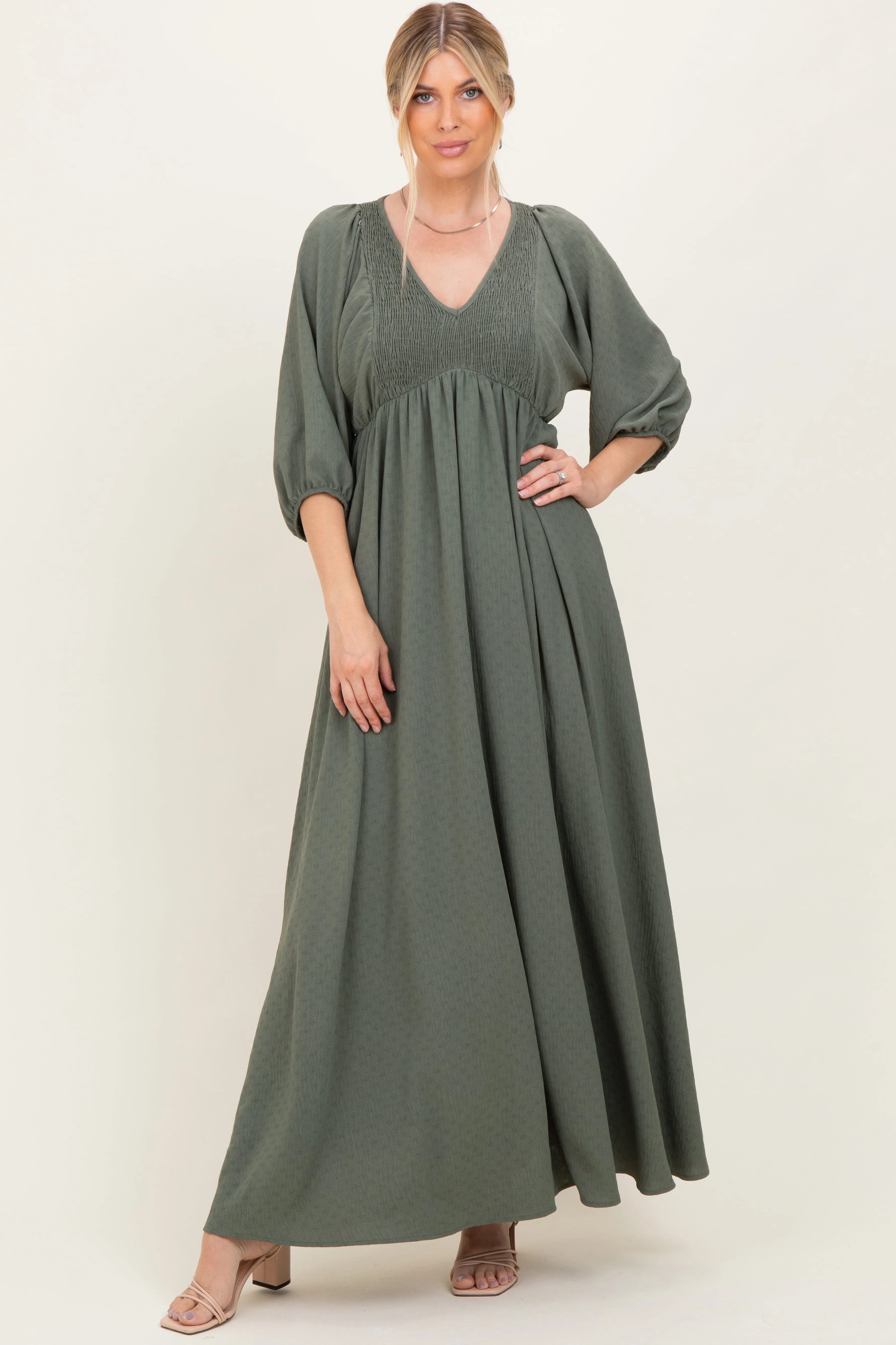 Olive Solid 3/4 Sleeve Smocked Top V-Neck Maternity Maxi Dress sold by Pinkblush product image thumbnail 4