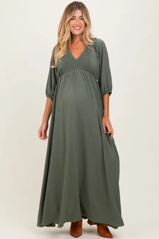 Olive Solid 3/4 Sleeve Smocked Top V-Neck Maternity Maxi Dress sold by Pinkblush