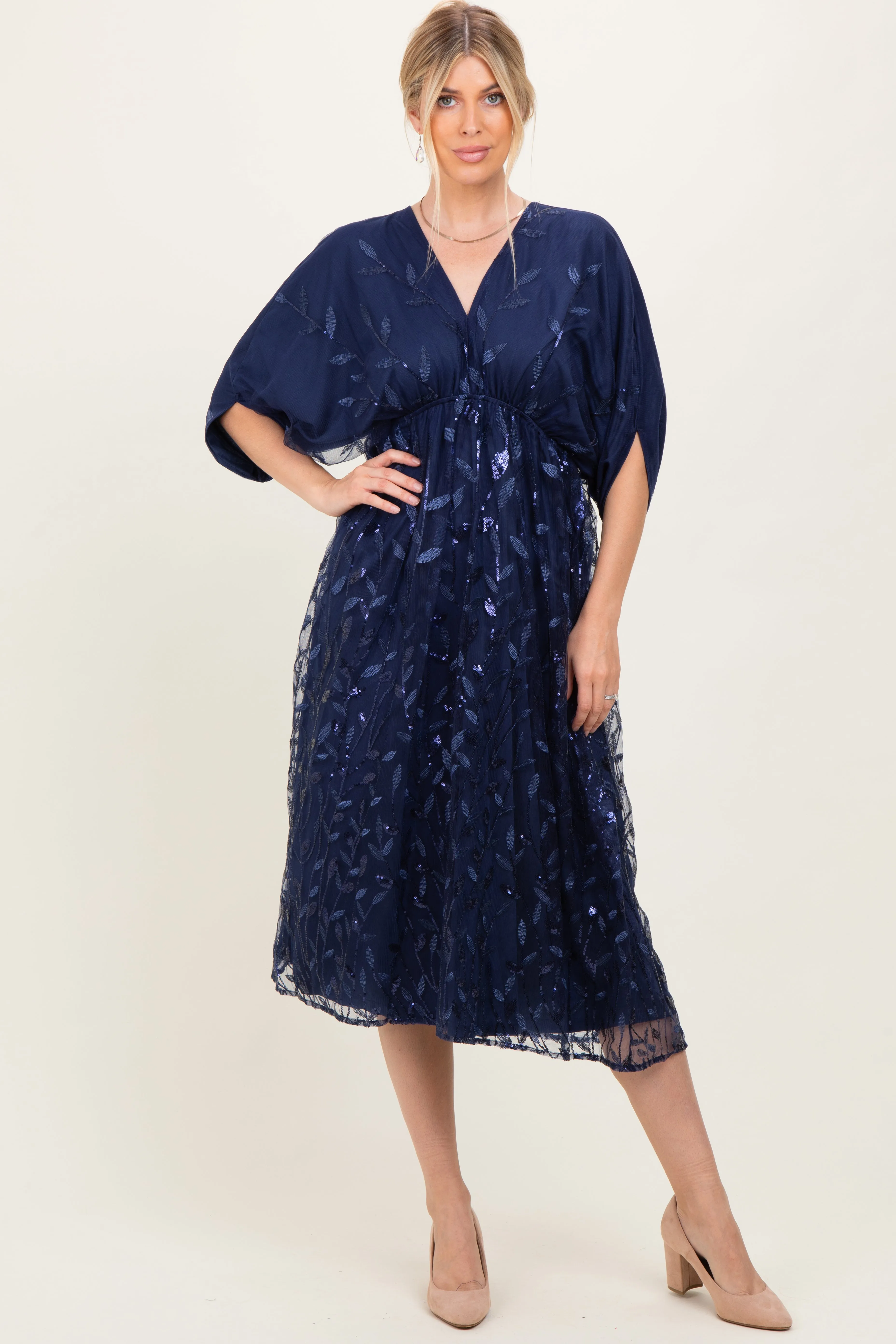 Navy Embroidered Tulle Dolman V-Neck Midi Dress sold by Pinkblush