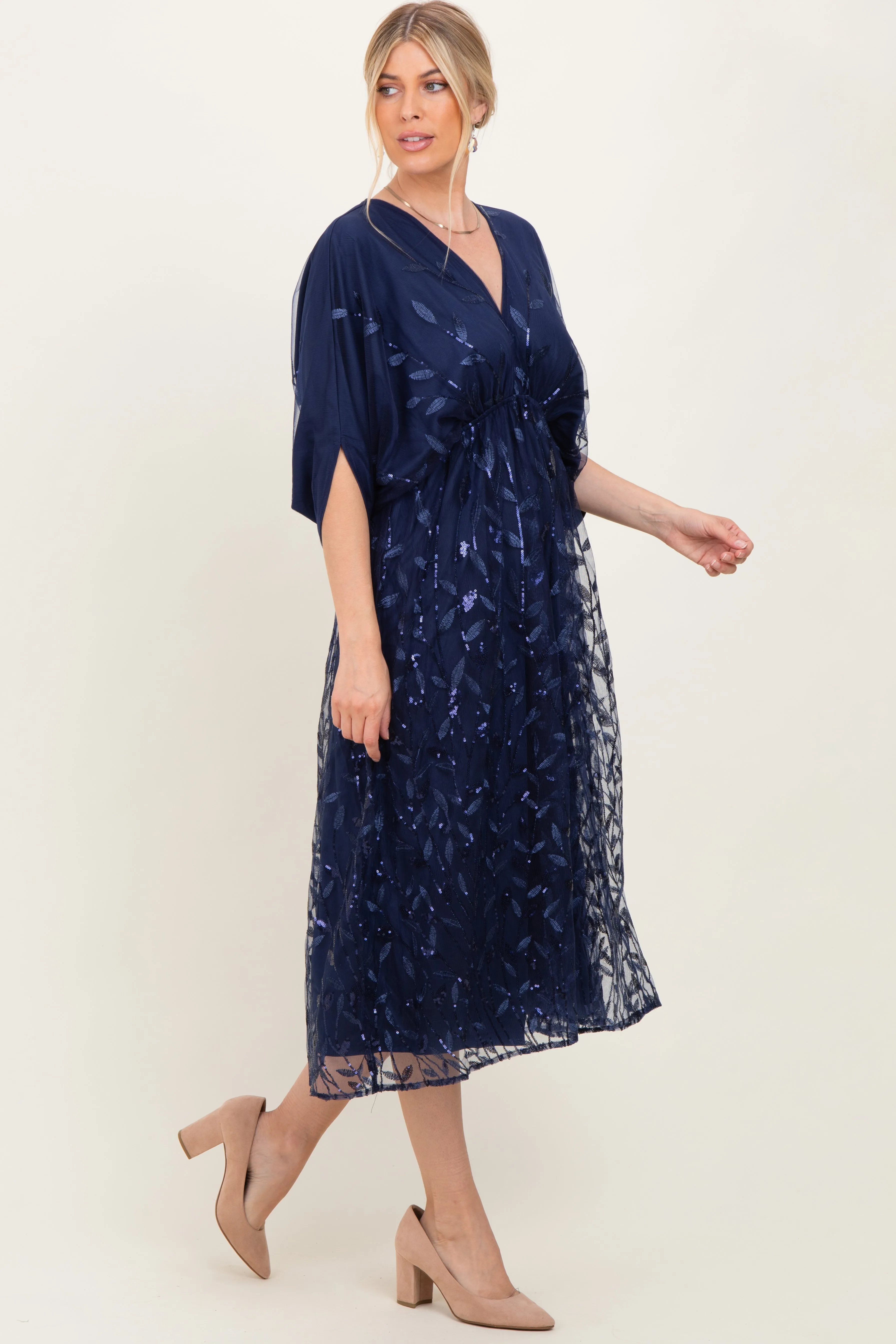 Navy Embroidered Tulle Dolman V-Neck Midi Dress sold by Pinkblush product image thumbnail 2