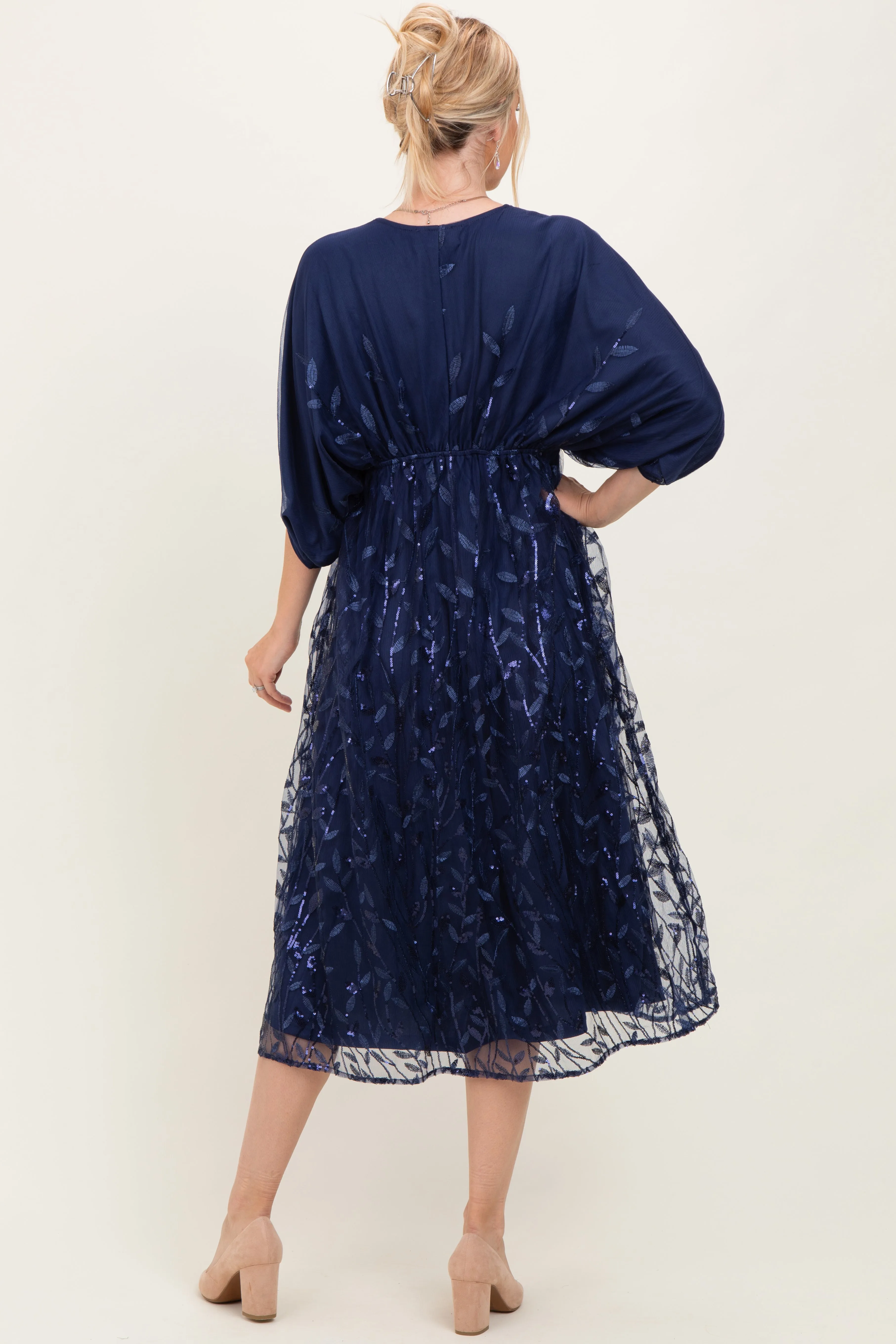 Navy Embroidered Tulle Dolman V-Neck Midi Dress sold by Pinkblush product image thumbnail 3