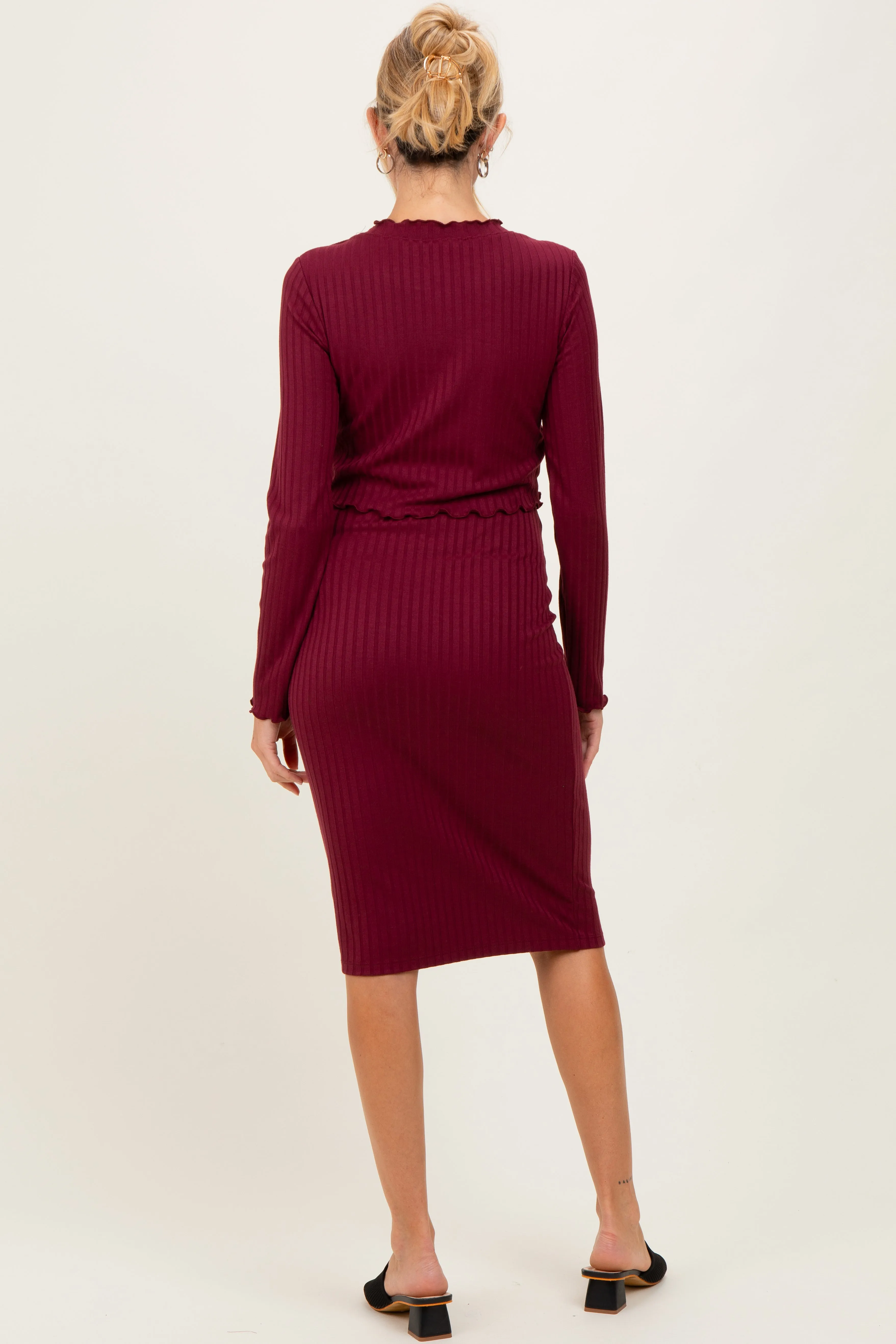 Burgundy Ribbed Knit Long Sleeve Nursing Maternity Dress sold by Pinkblush product image thumbnail 4