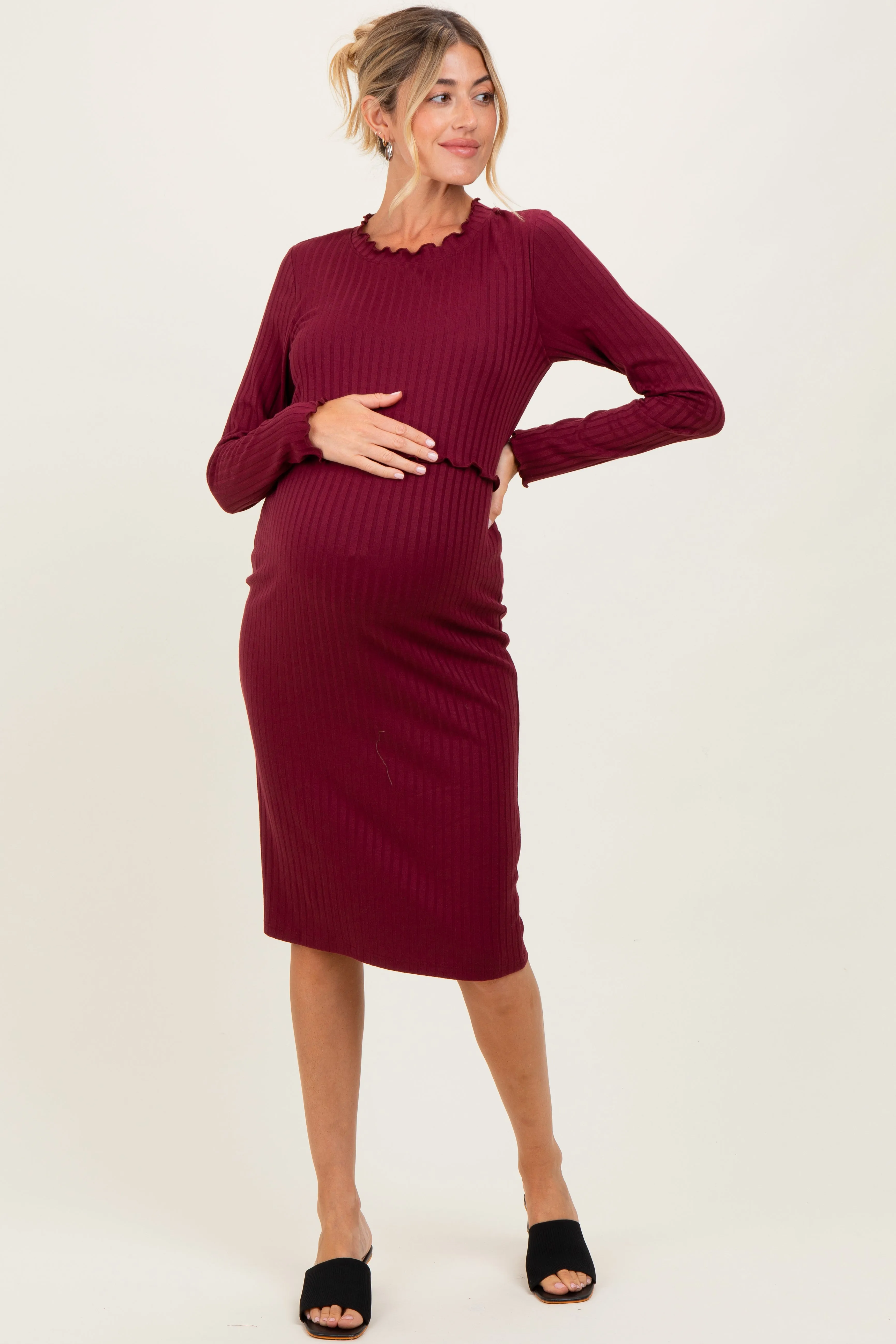 Burgundy Ribbed Knit Long Sleeve Nursing Maternity Dress sold by Pinkblush