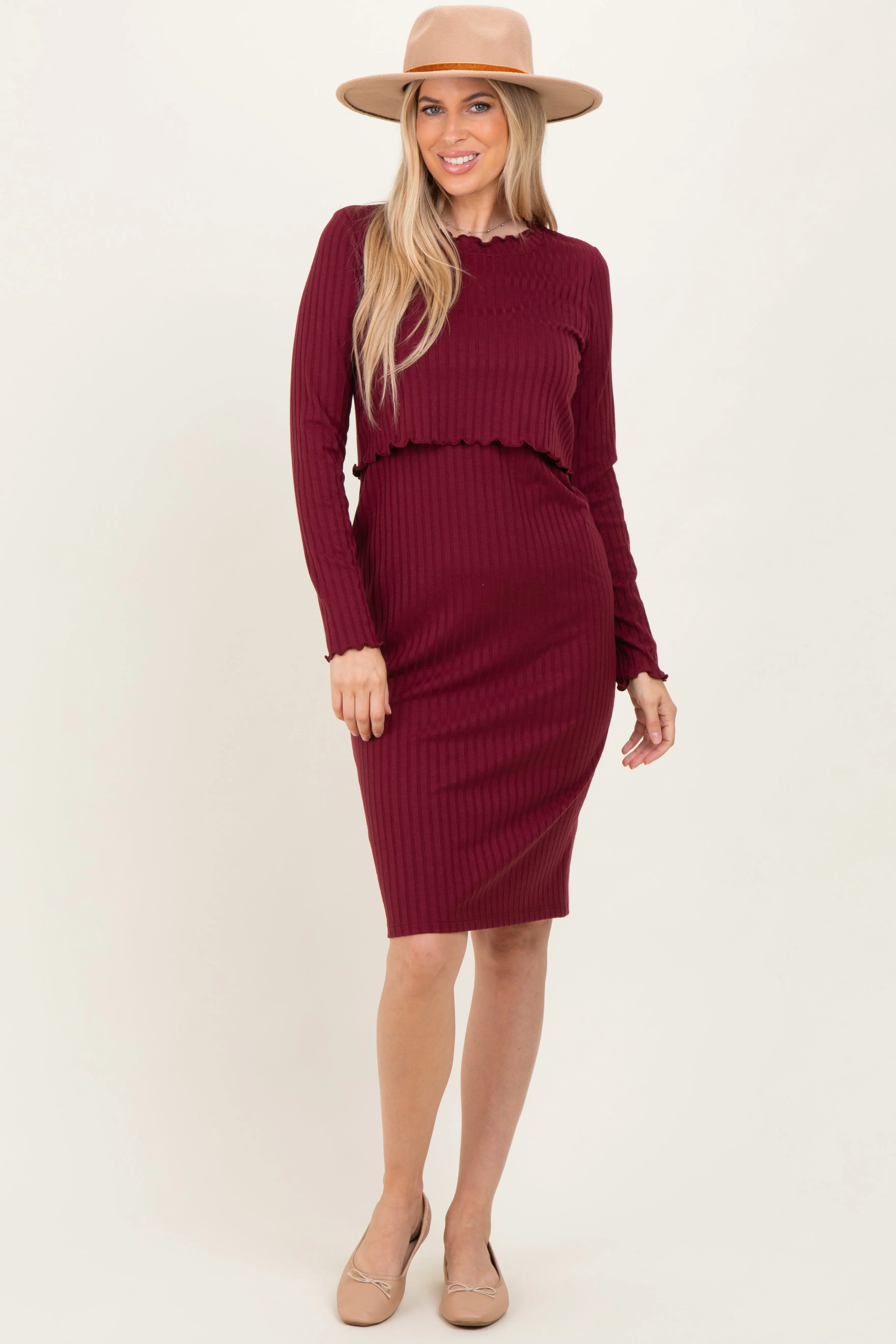 Burgundy Ribbed Knit Long Sleeve Nursing Maternity Dress sold by Pinkblush product image thumbnail 5