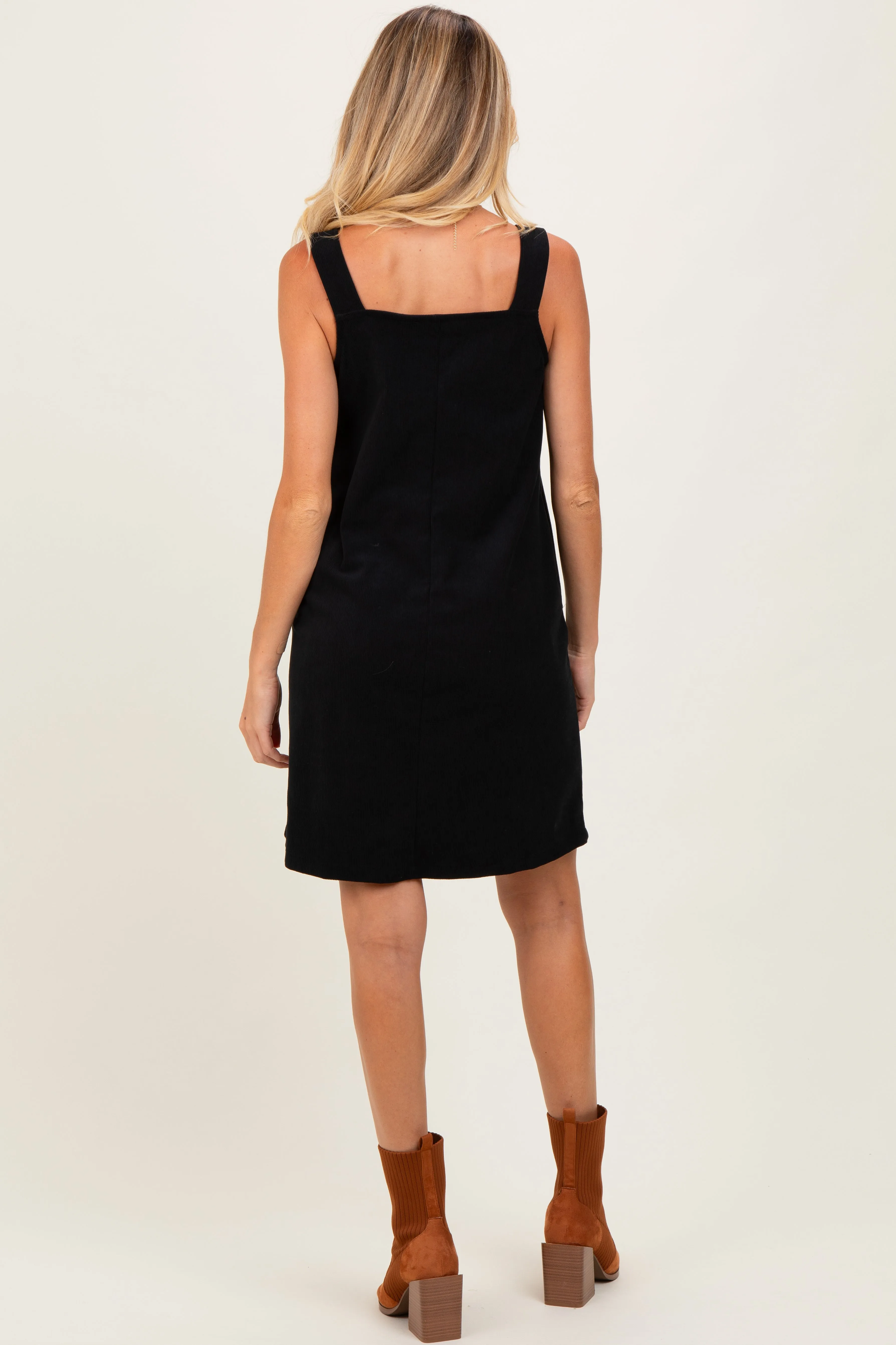Black Solid Corduroy V-Neck A-Line Maternity Mini Dress sold by Pinkblush product image thumbnail 2