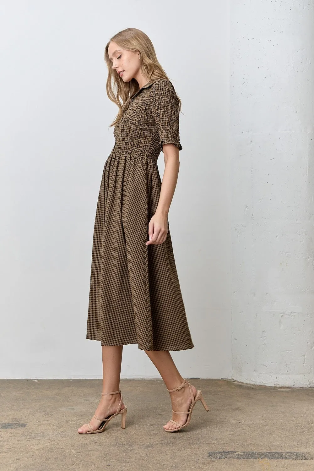 Brown Gingham Smocked Button Down Midi Dress sold by Pinkblush product image thumbnail 2