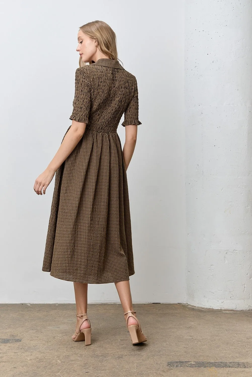 Brown Gingham Smocked Button Down Midi Dress sold by Pinkblush product image thumbnail 3