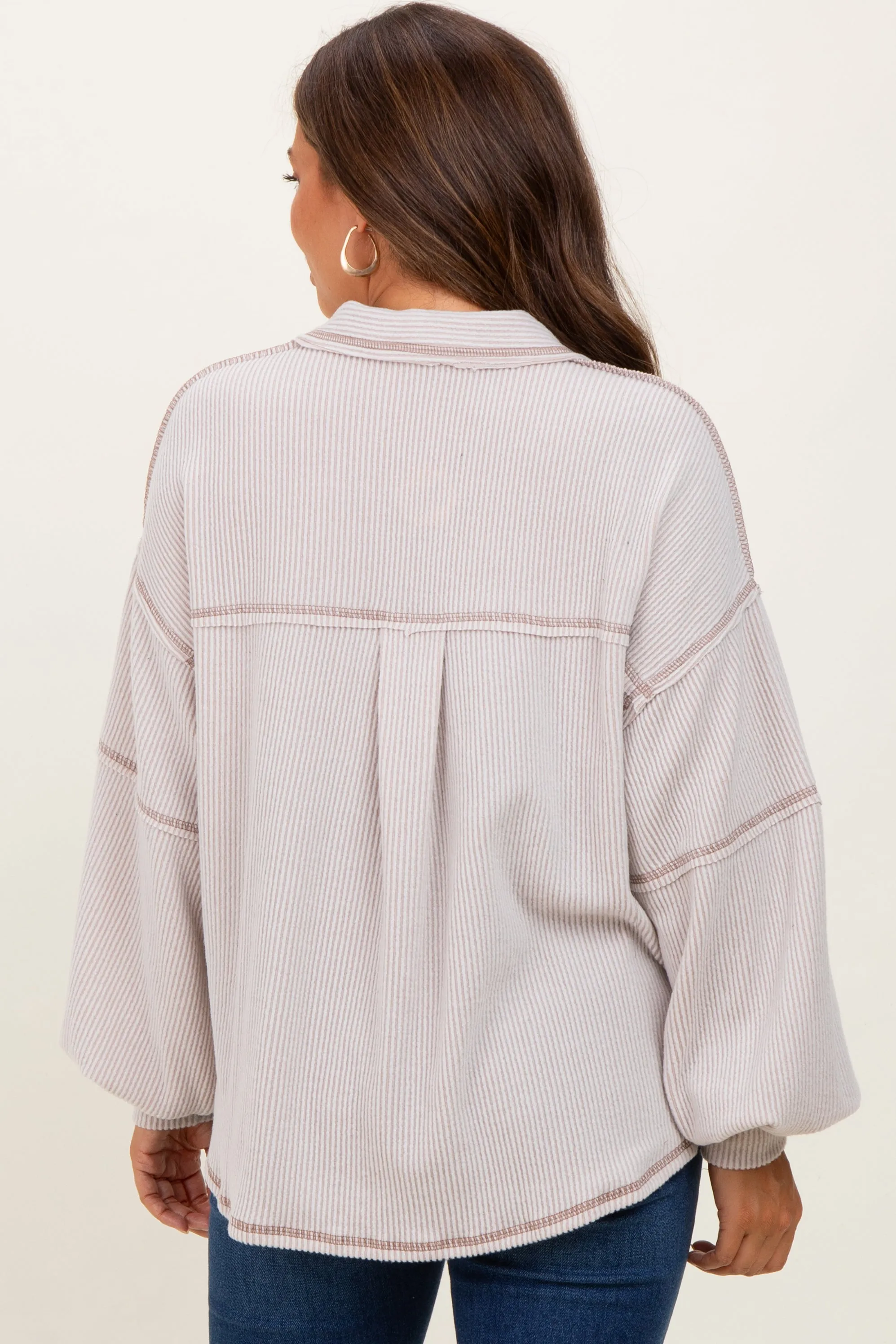 Beige Solid Ribbed Long Sleeve Pocketed Collared V-Neck Maternity Top sold by Pinkblush product image thumbnail 4