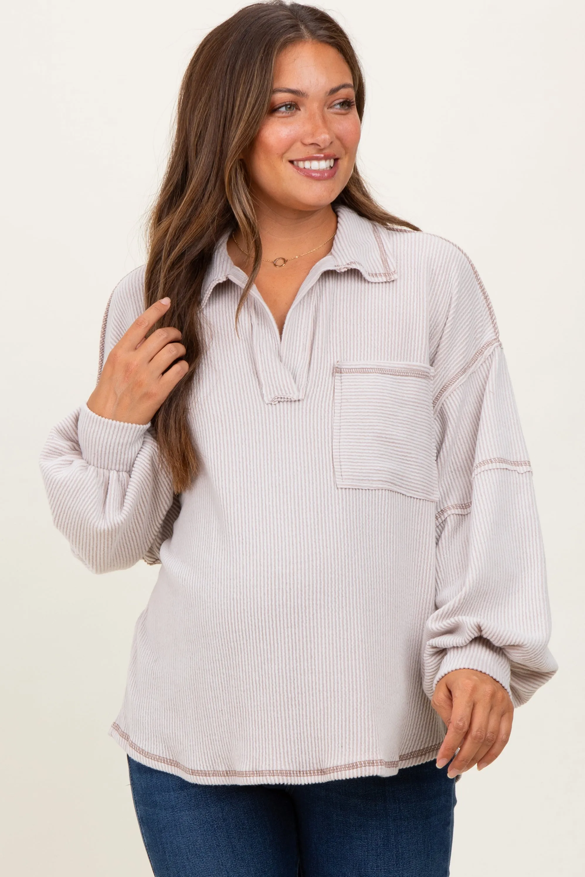 Beige Solid Ribbed Long Sleeve Pocketed Collared V-Neck Maternity Top sold by Pinkblush