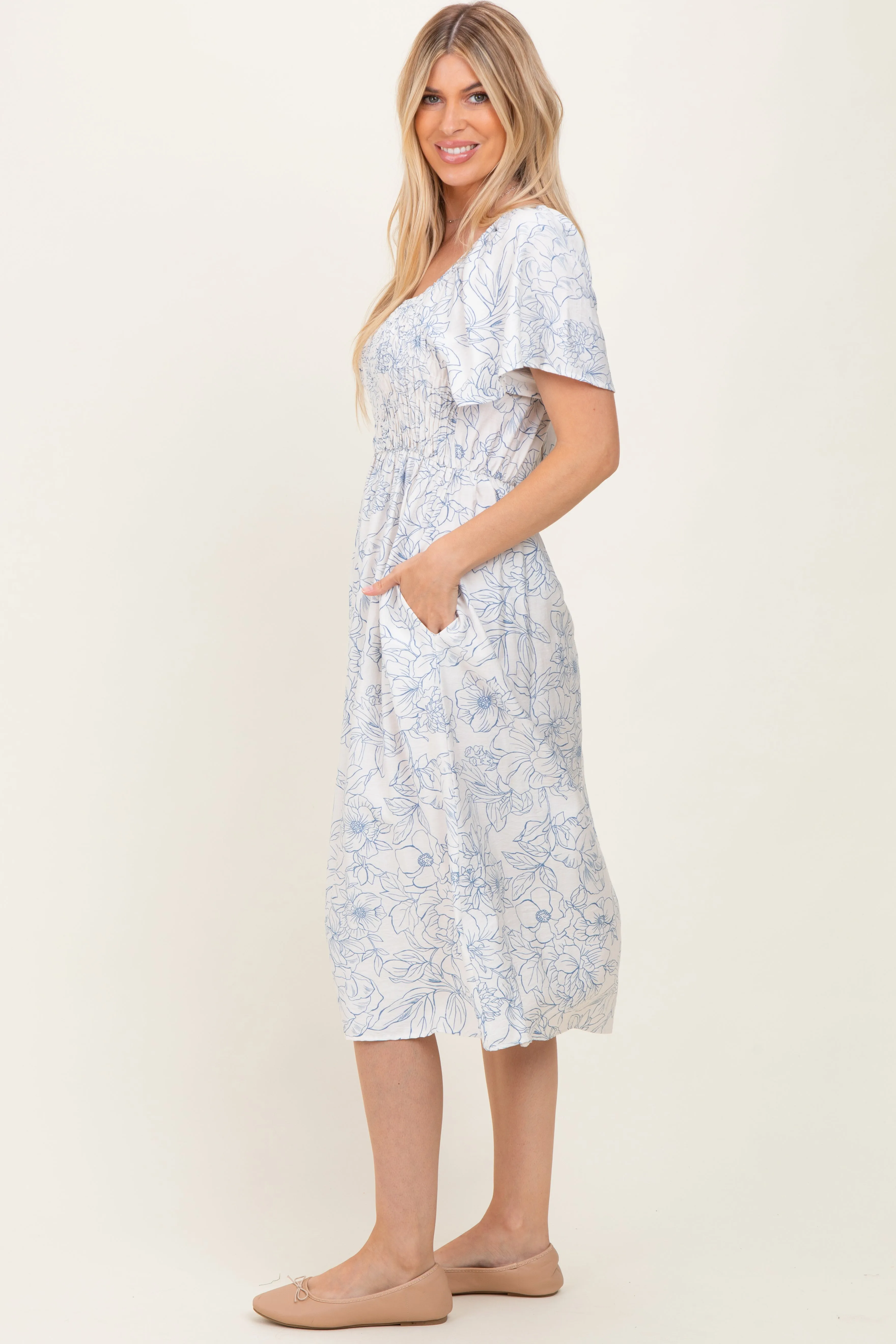 Off White Blue Floral Dress With Pockets sold by Pinkblush product image thumbnail 2