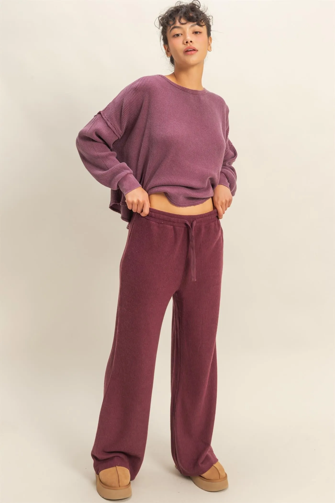 Burgundy Brushed Ribbed Knit Lounge Pants sold by Pinkblush
