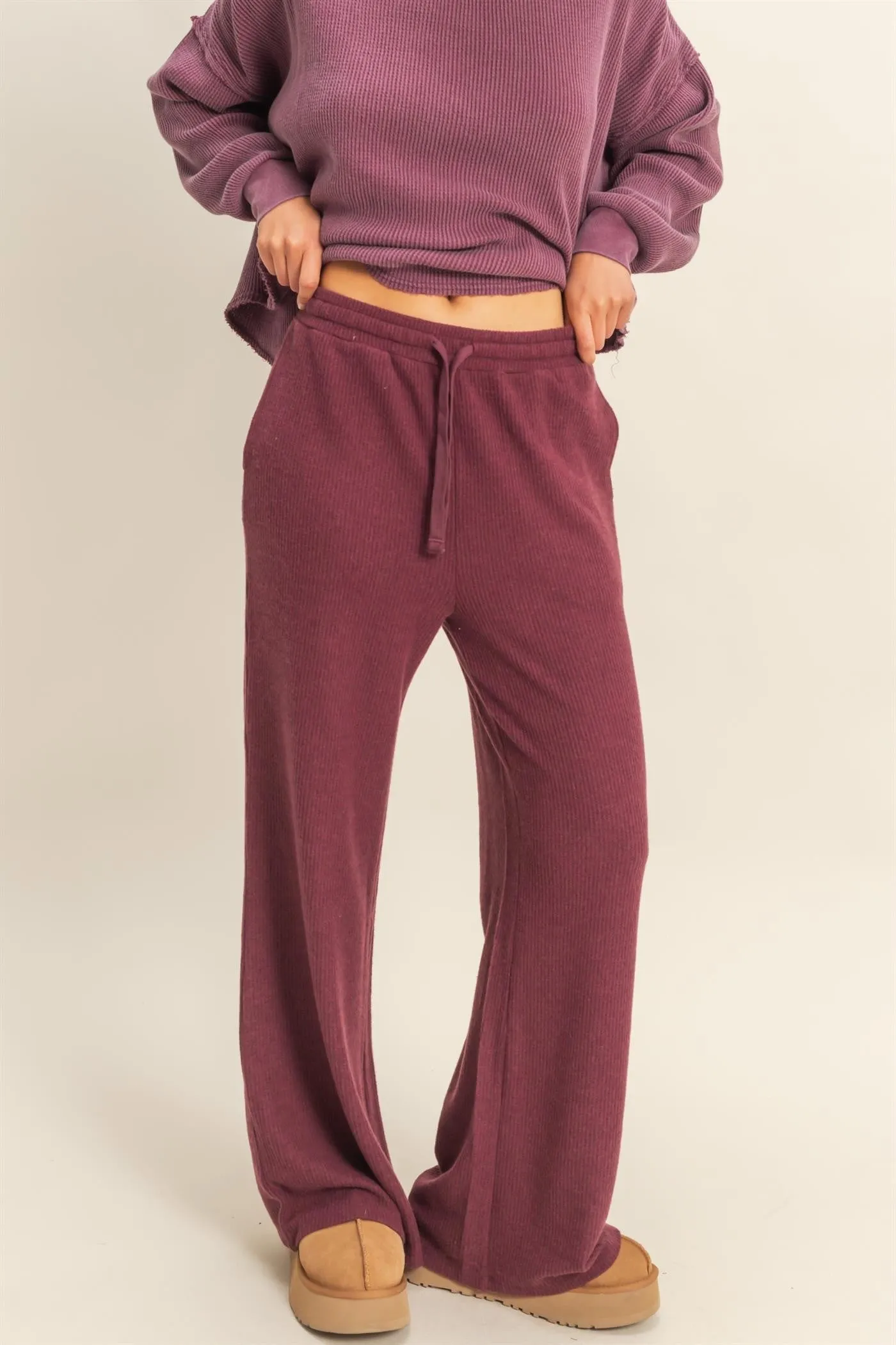 Burgundy Brushed Ribbed Knit Lounge Pants sold by Pinkblush product image thumbnail 2