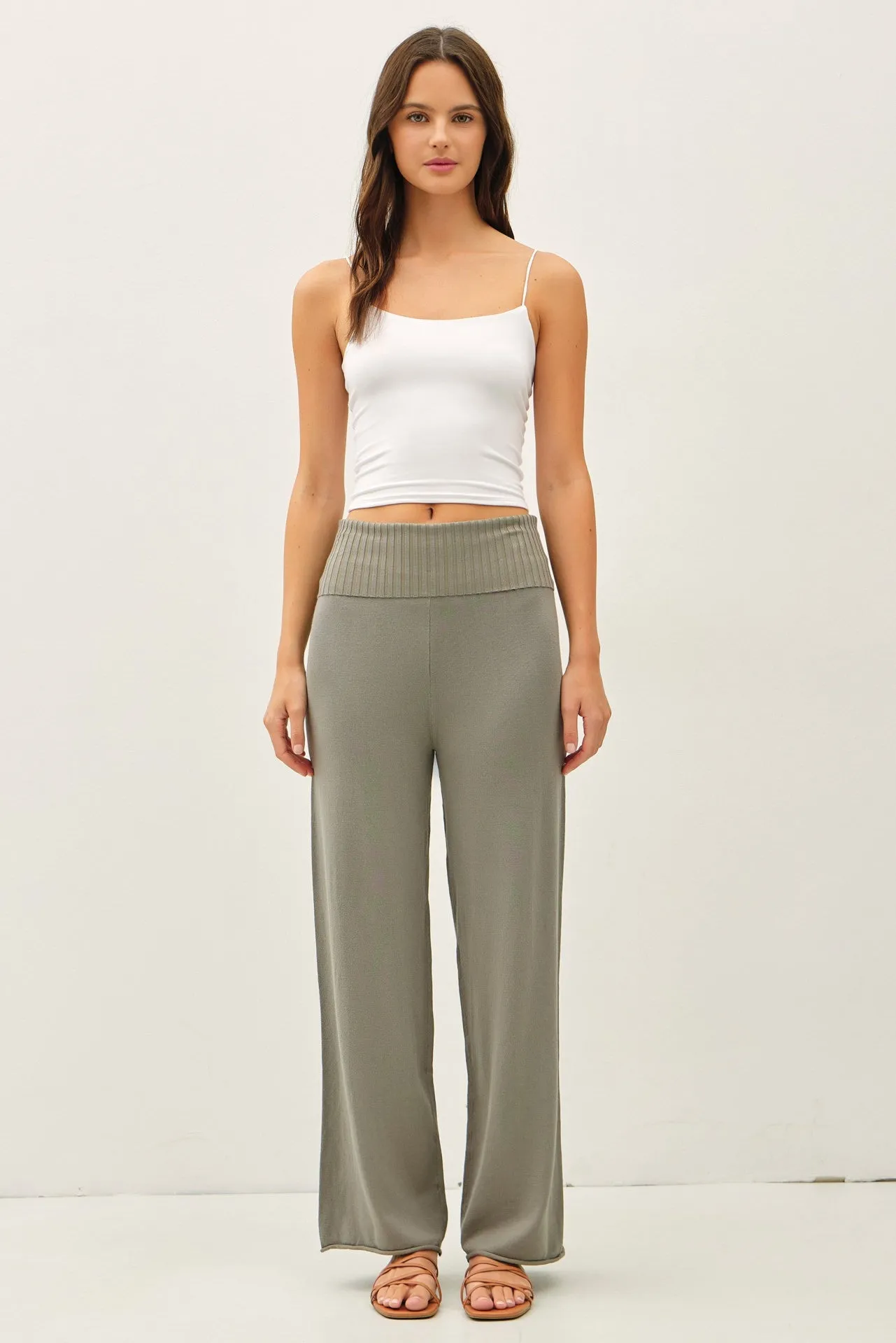 Olive Ribbed Knit Foldover Waist Pants sold by Pinkblush