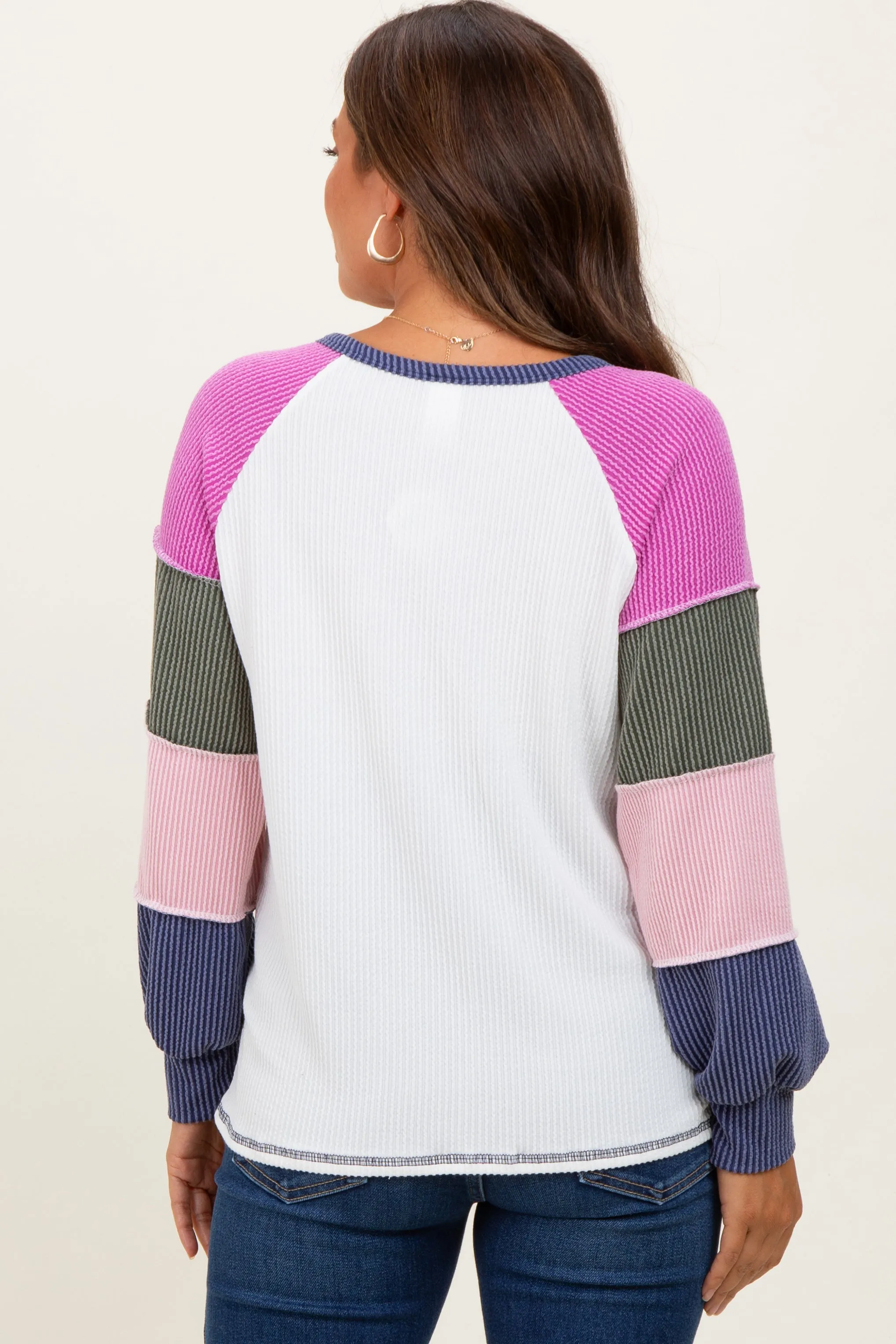 Navy Blue Multi Textured Rib Colorblock Raglan Maternity Long Sleeve sold by Pinkblush product image thumbnail 4