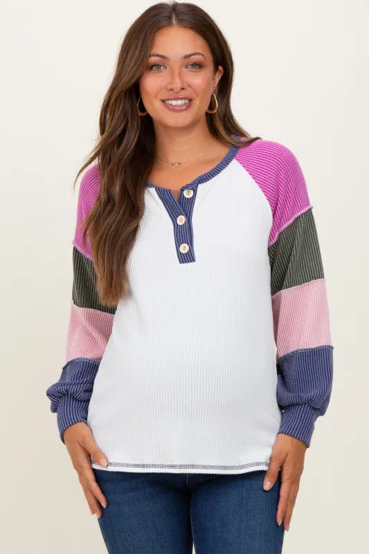 Navy Blue Multi Textured Rib Colorblock Raglan Maternity Long Sleeve sold by Pinkblush