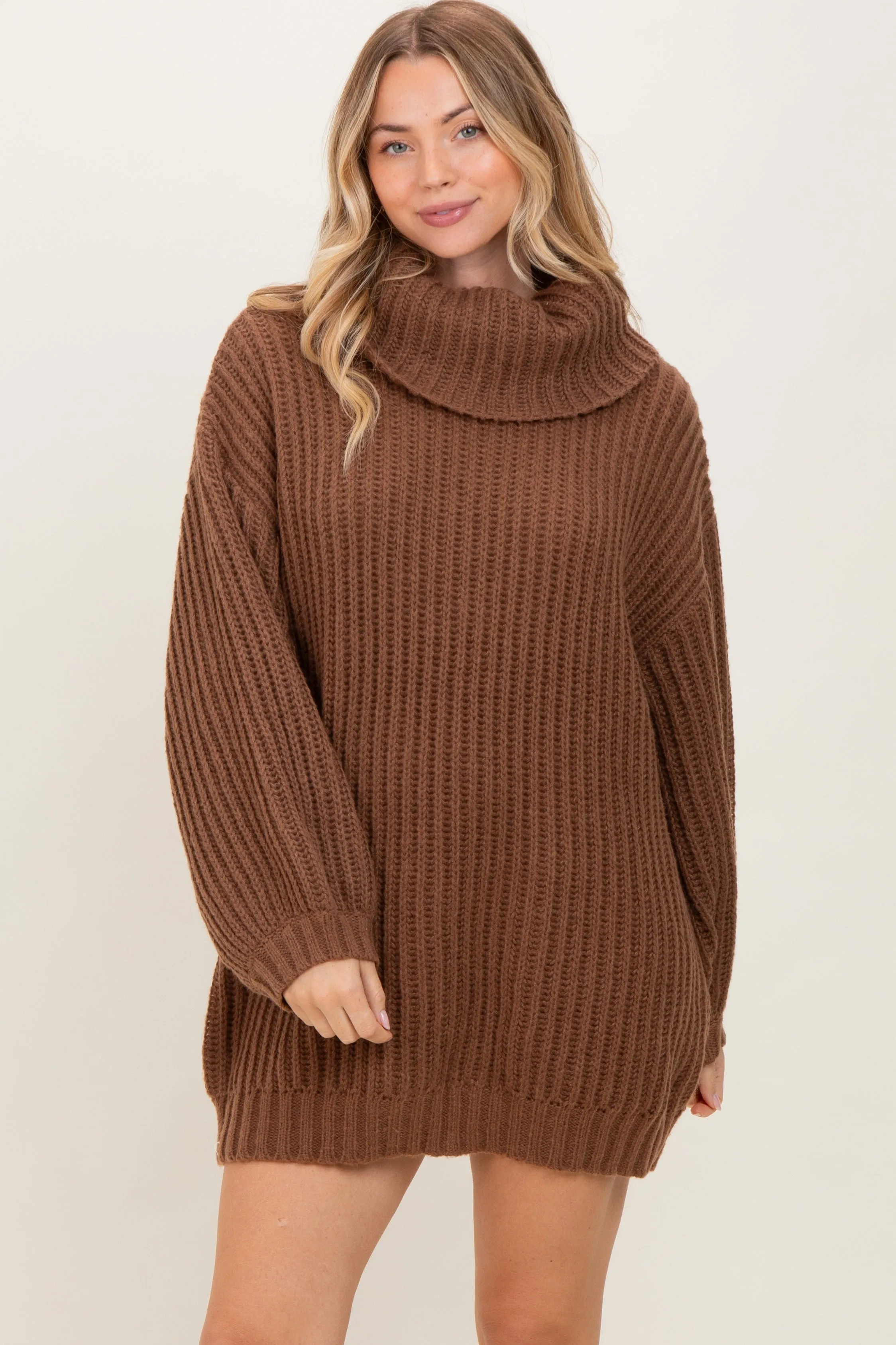 Light Brown Turtleneck Puff Sleeve Maternity Sweater Dress sold by Pinkblush product image thumbnail 4