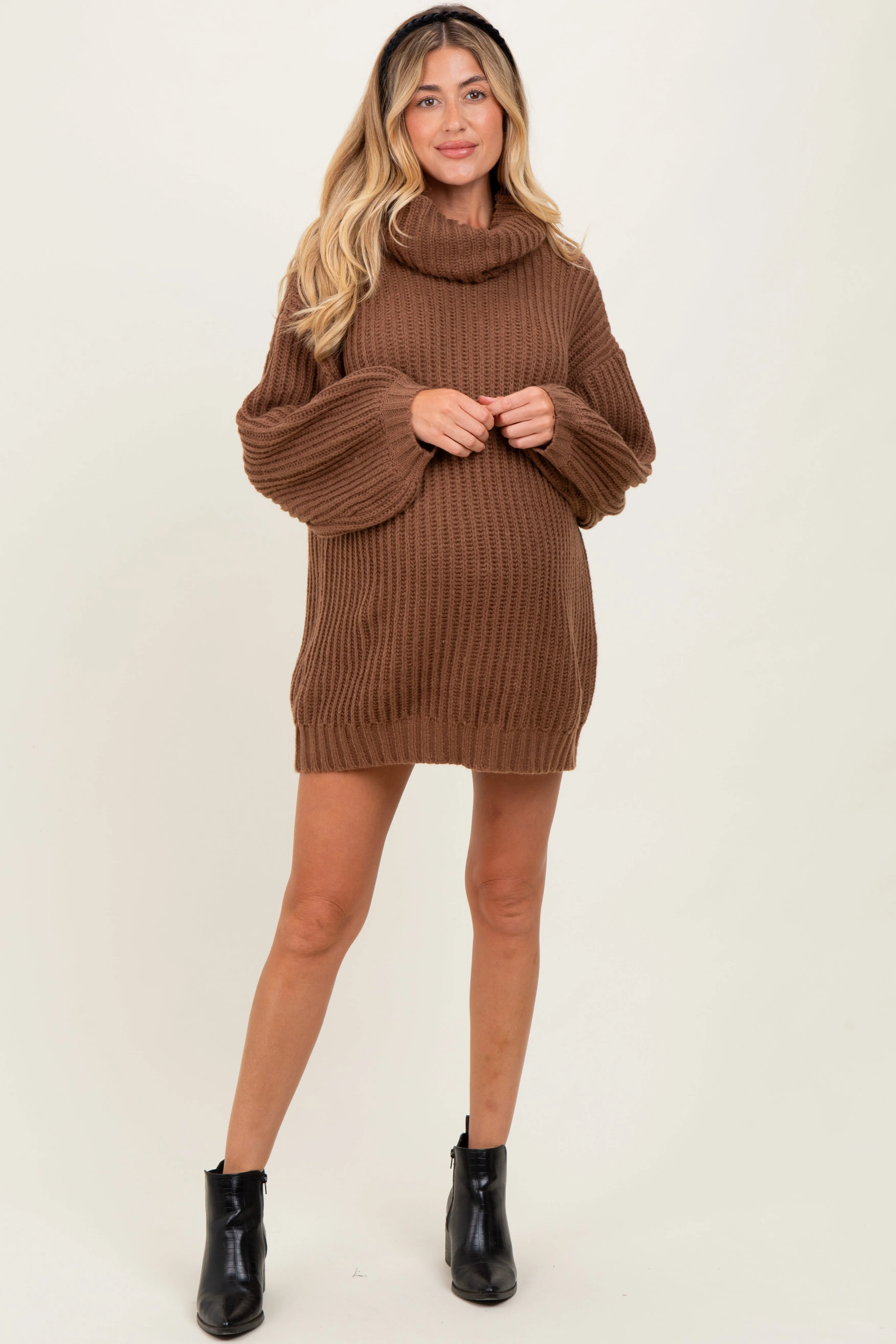 Light Brown Turtleneck Puff Sleeve Maternity Sweater Dress sold by Pinkblush