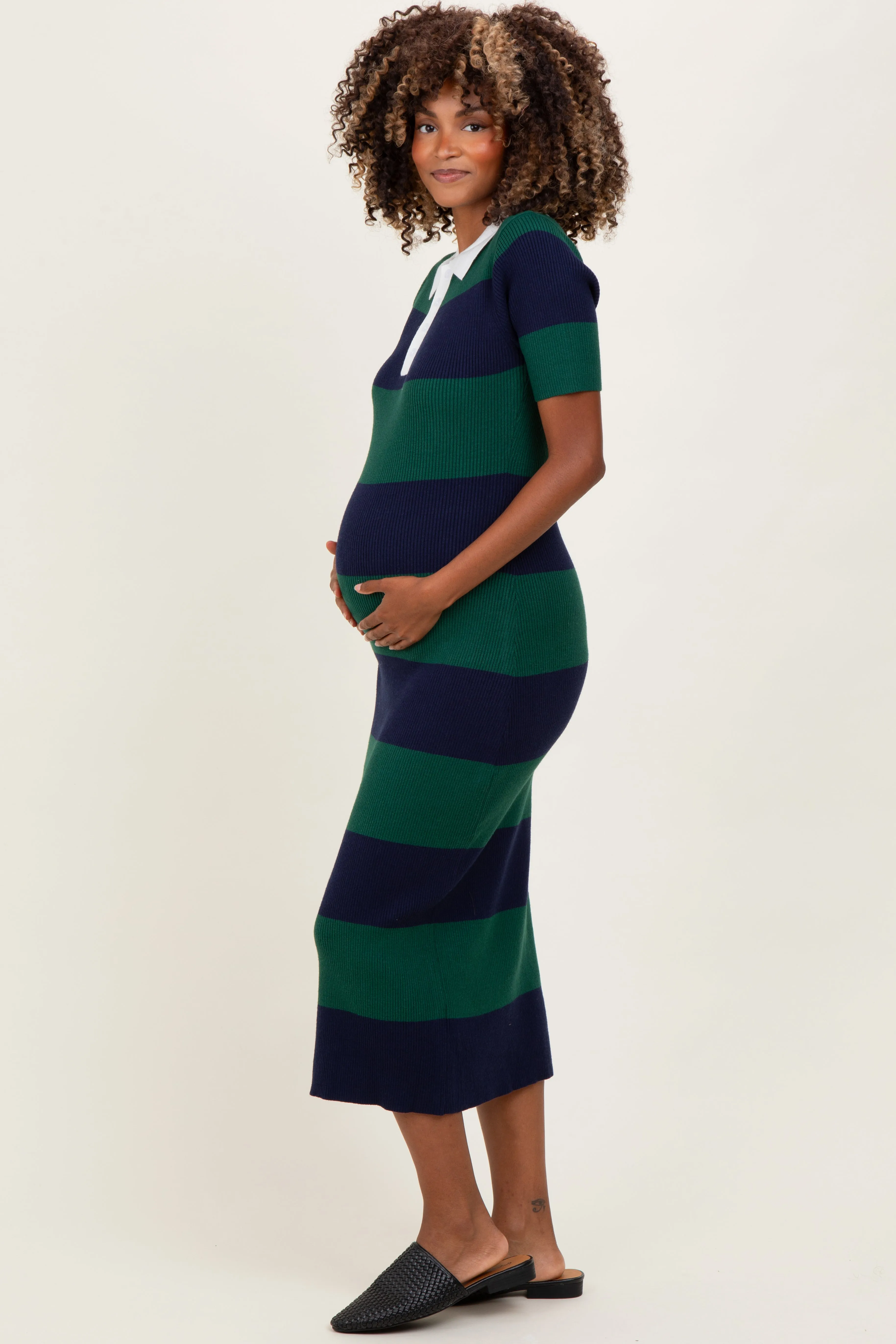 Green Ribbed Striped Knit Polo Maternity Midi Dress sold by Pinkblush product image thumbnail 2
