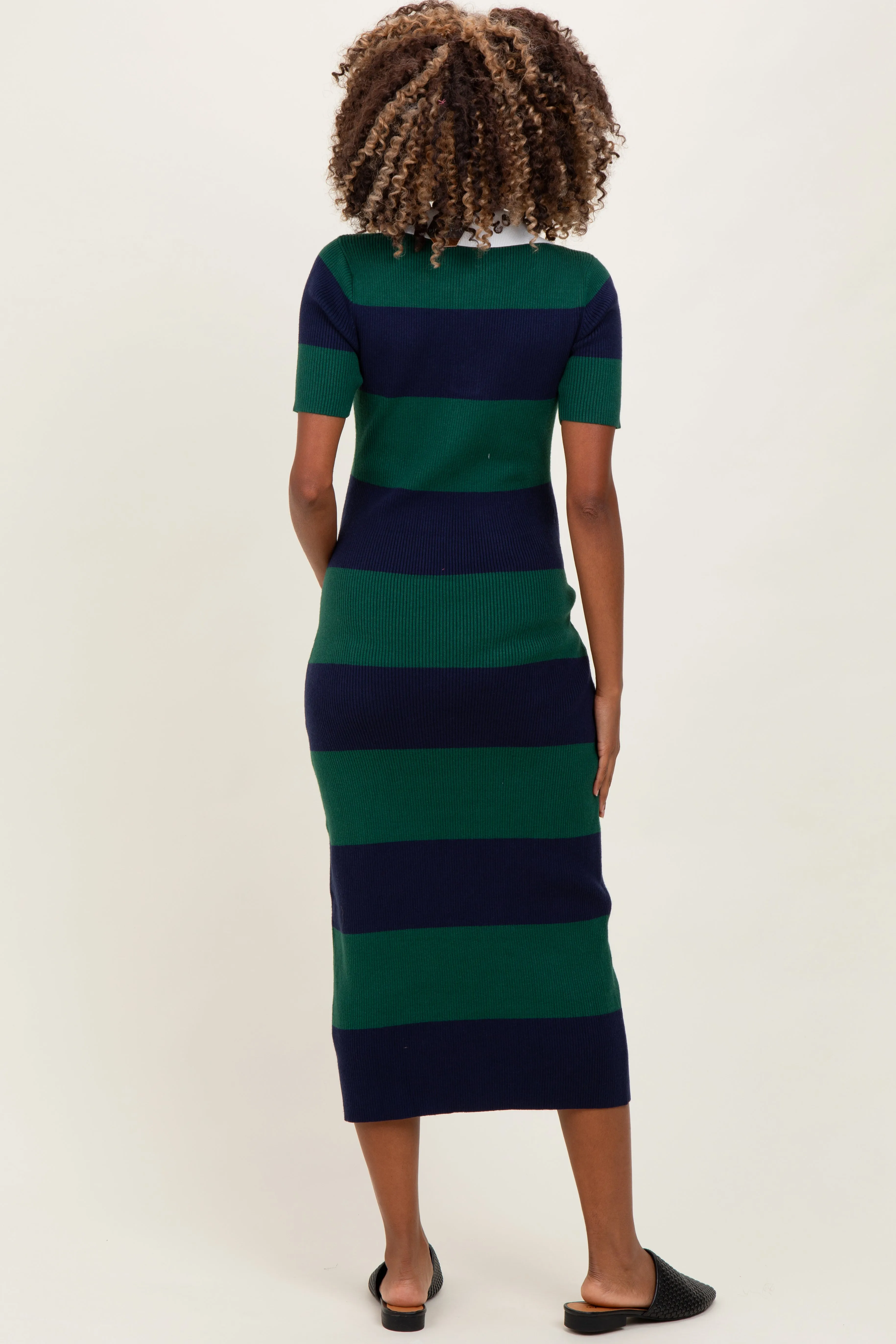 Green Ribbed Striped Knit Polo Maternity Midi Dress sold by Pinkblush product image thumbnail 3