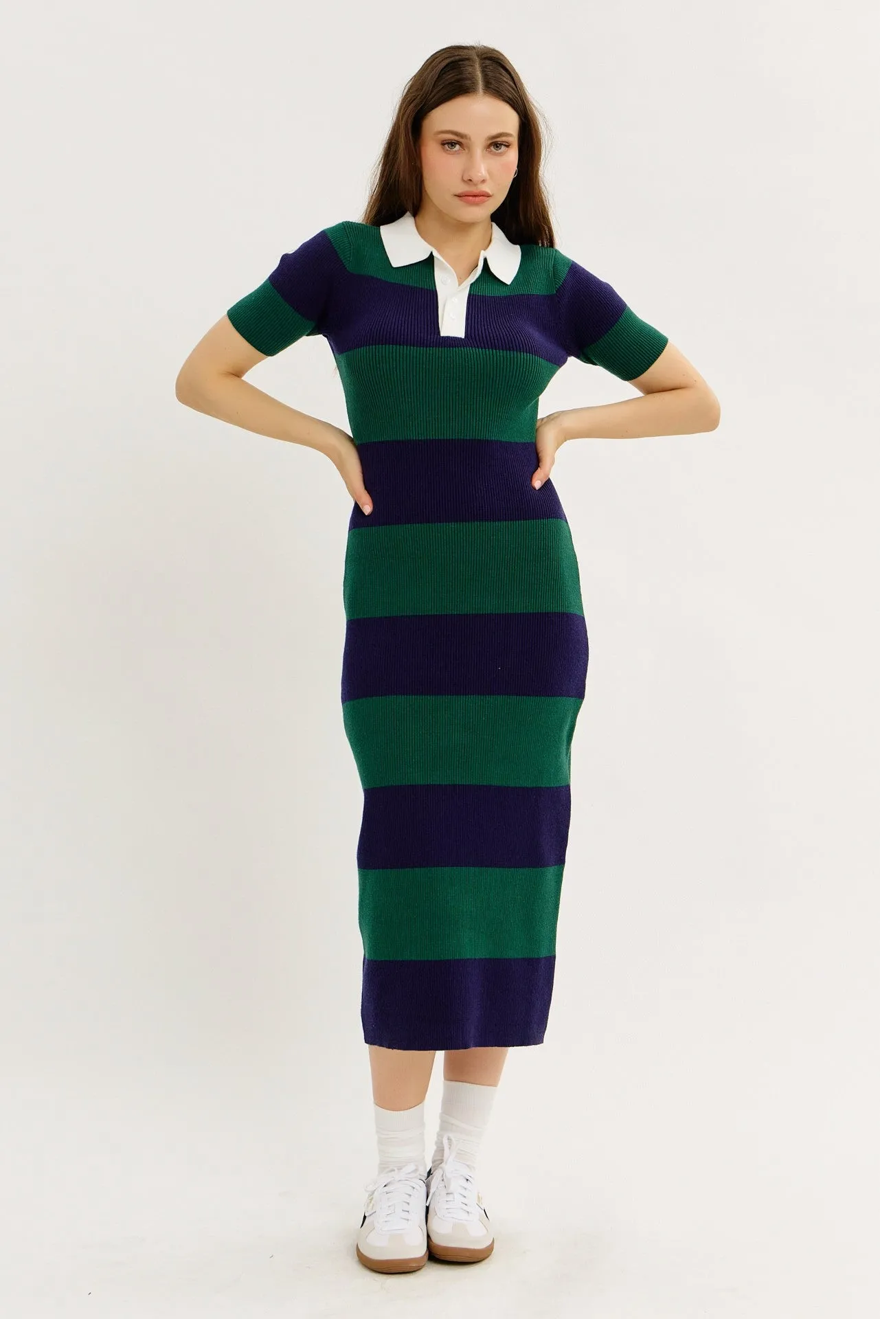 Green Ribbed Striped Knit Polo Maternity Midi Dress sold by Pinkblush product image thumbnail 4