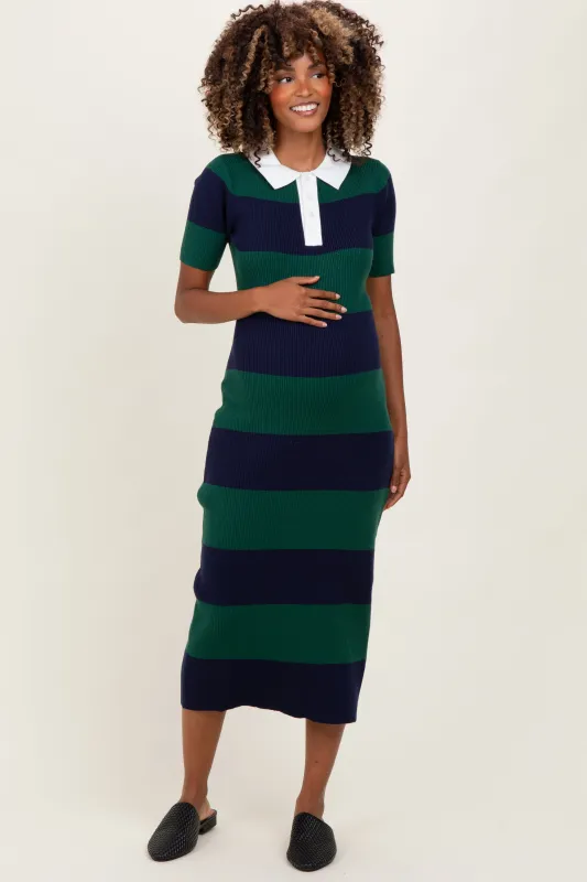 Green Ribbed Striped Knit Polo Maternity Midi Dress sold by Pinkblush