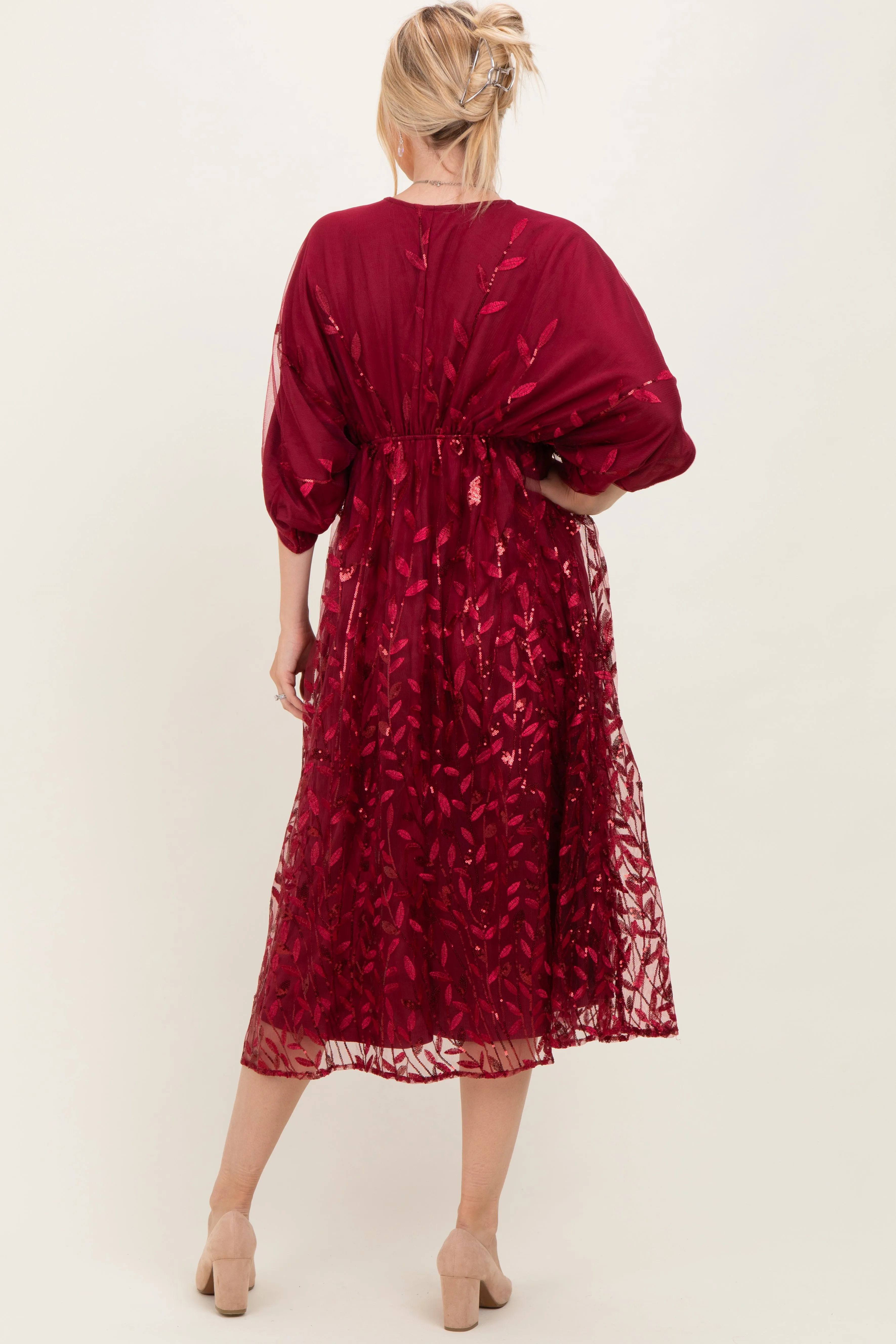 Burgundy Embroidered Tulle Dolman V-Neck Midi Dress sold by Pinkblush product image thumbnail 4