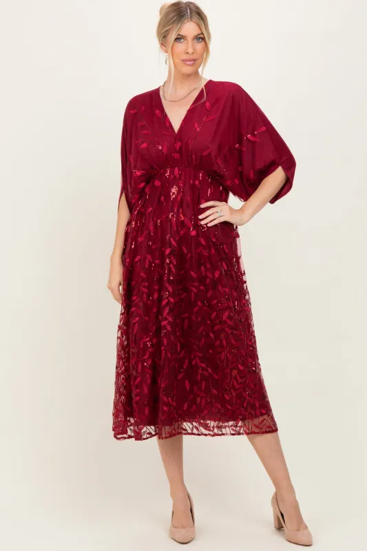 Burgundy Embroidered Tulle Dolman V-Neck Midi Dress sold by Pinkblush