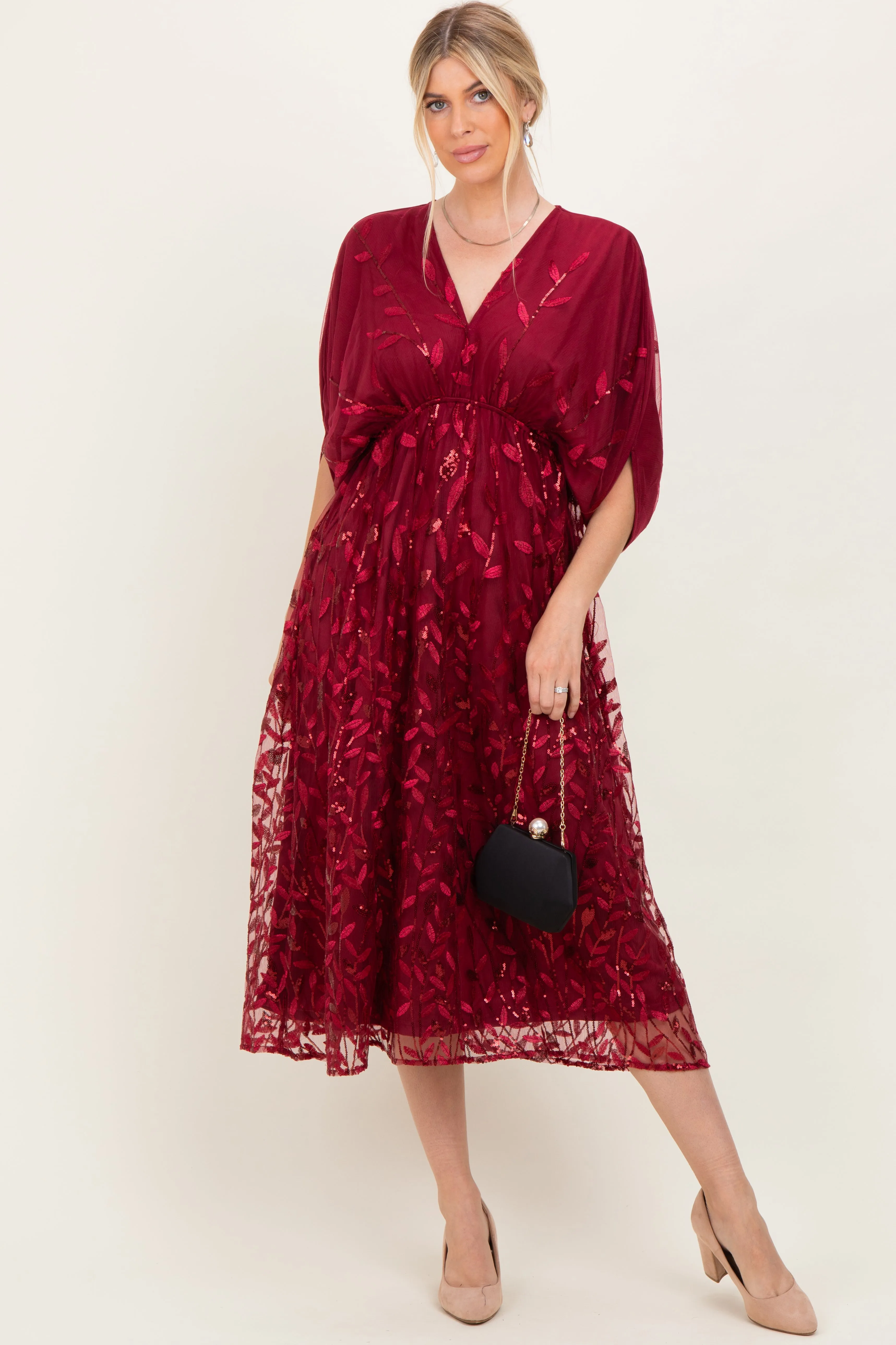 Burgundy Embroidered Tulle Dolman V-Neck Midi Dress sold by Pinkblush product image thumbnail 2