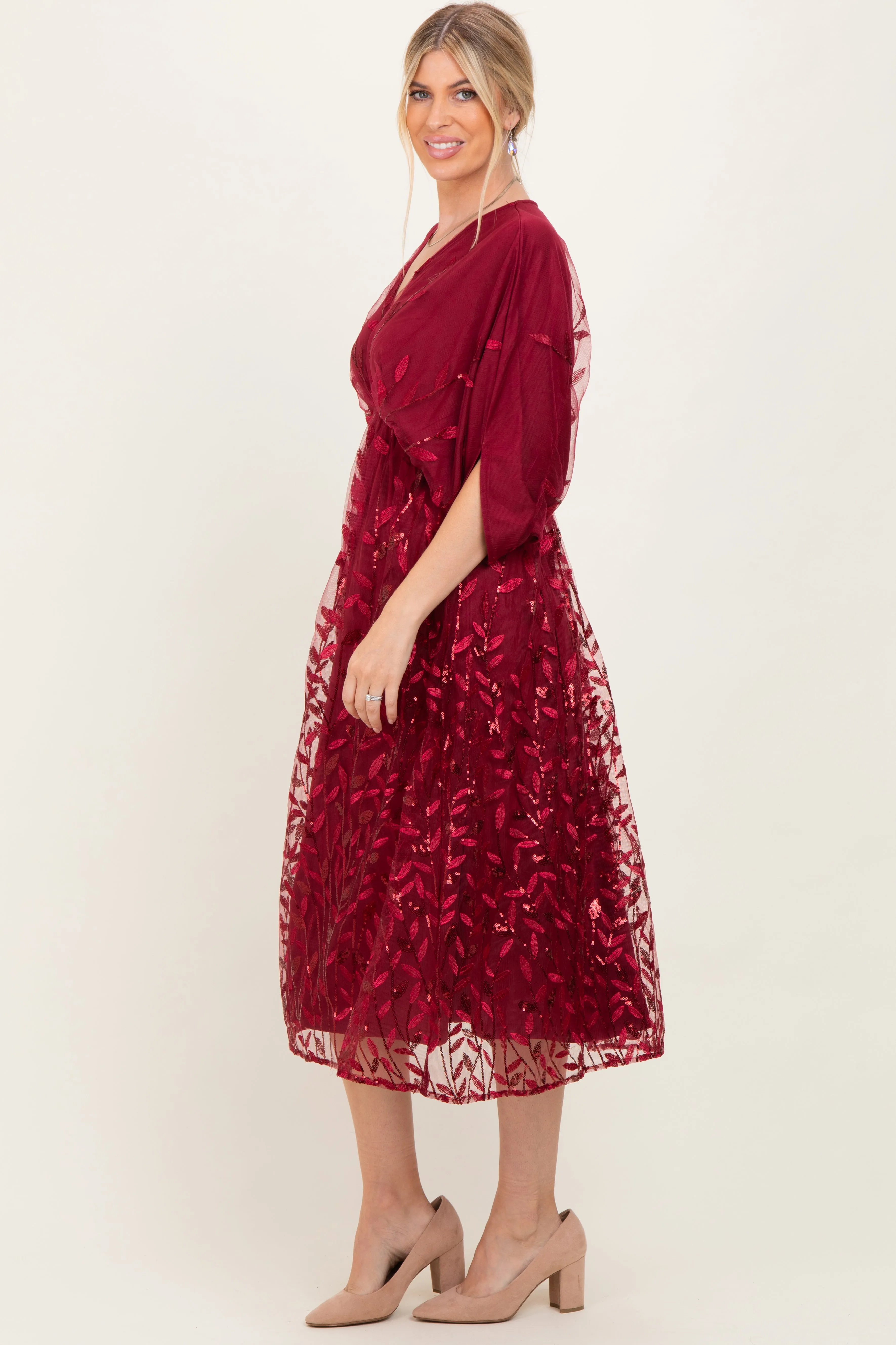 Burgundy Embroidered Tulle Dolman V-Neck Midi Dress sold by Pinkblush product image thumbnail 3